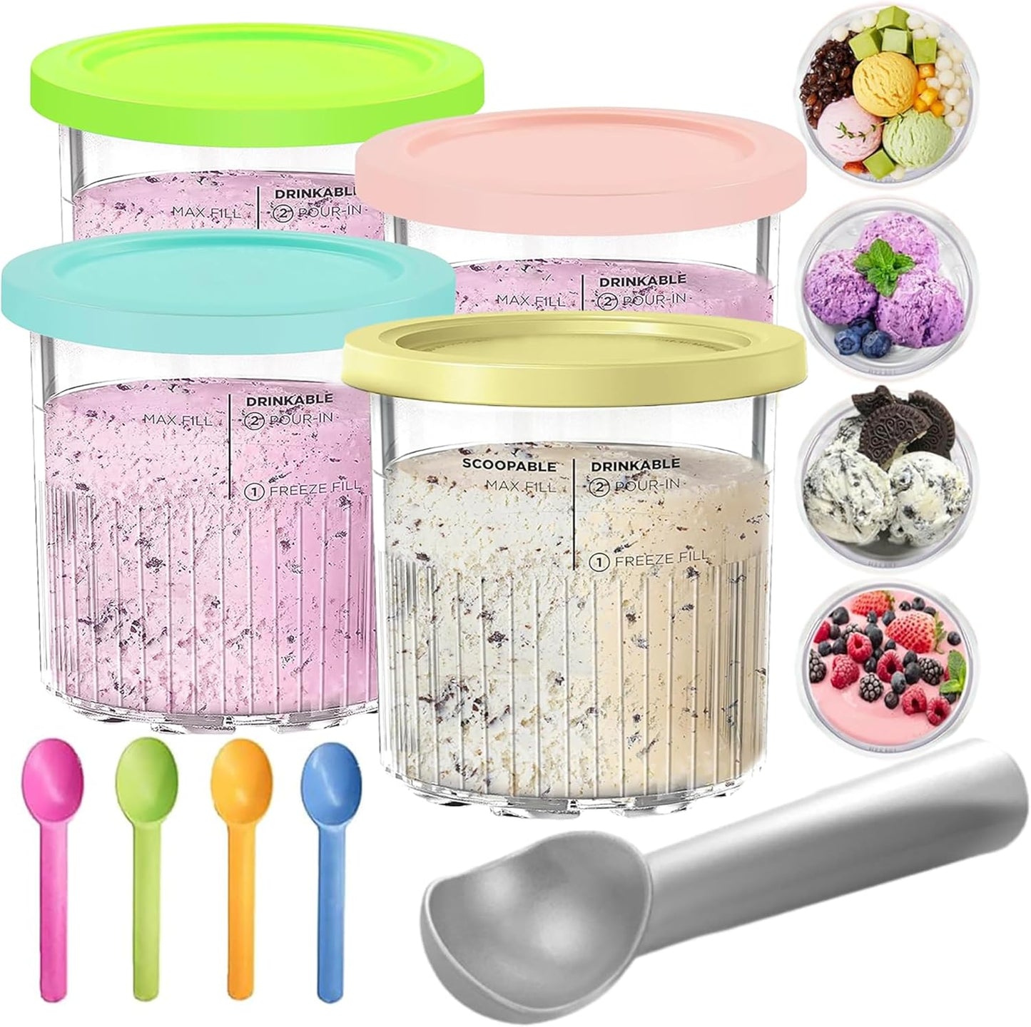 "4-Pack Creami Pints & Lids for Ninja NC501 - Smoothie Pot Compatible"