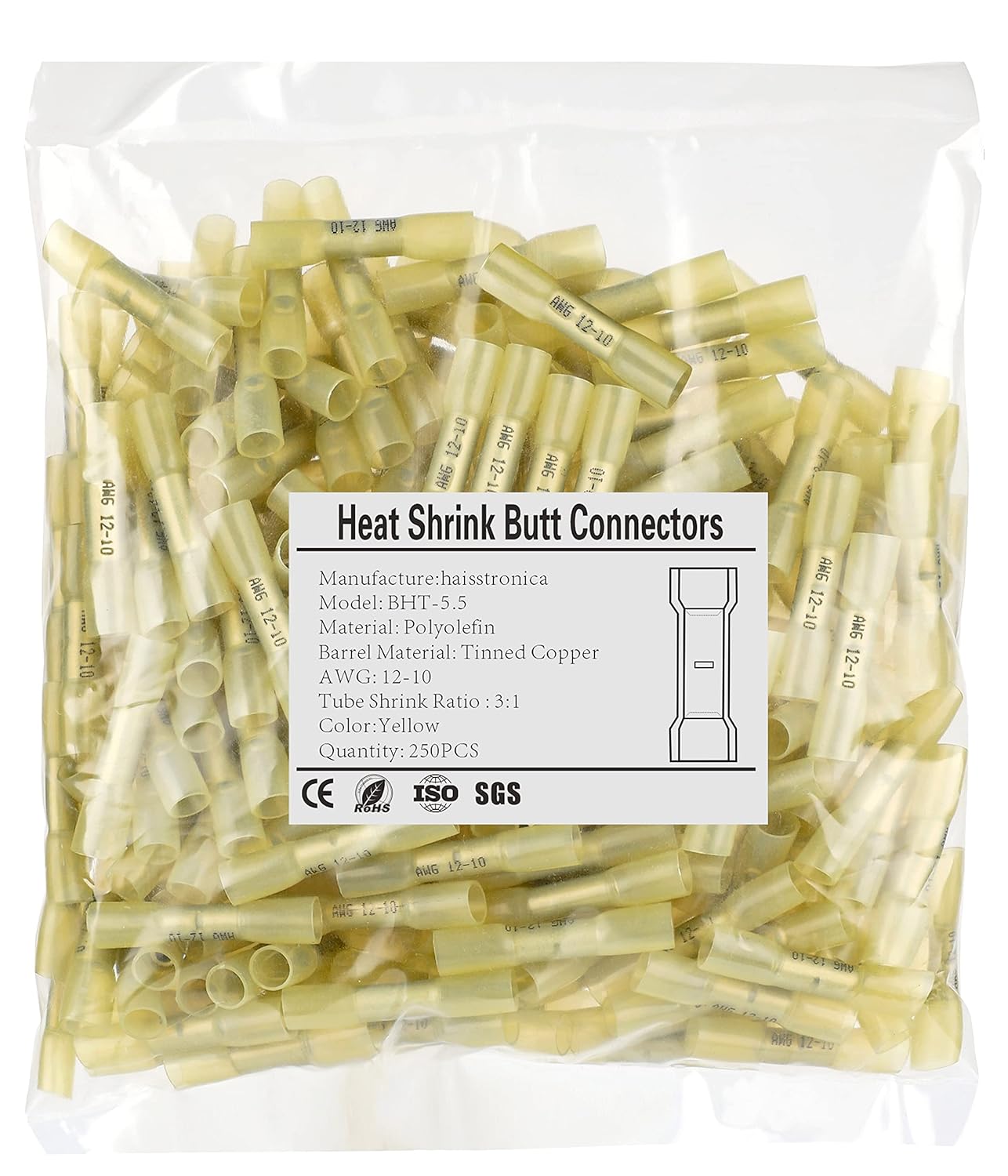 250PCS Yellow Heat Shrink Butt Connectors for Reliable Connections