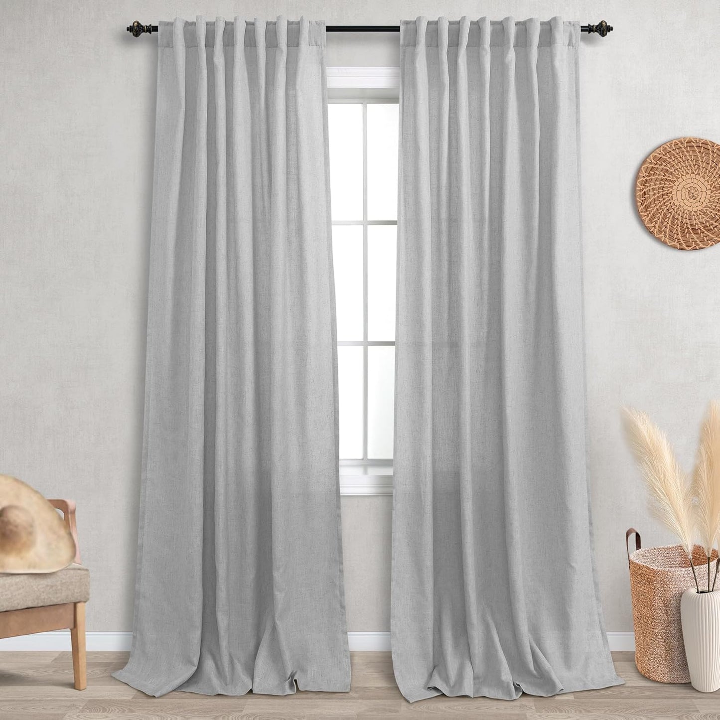 KOUFALL Grey Back Tab Rod Pocket Linen Sheer Curtains 52x90 in