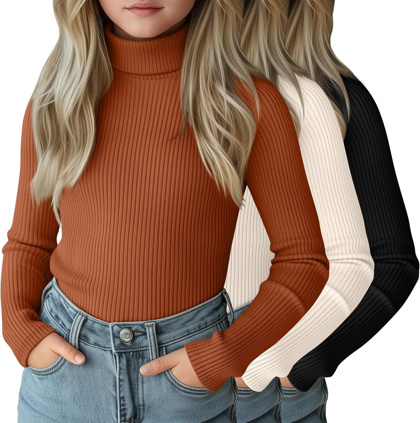 3 Pack Girls Turtleneck Long Sleeve Shirts for Casual Style