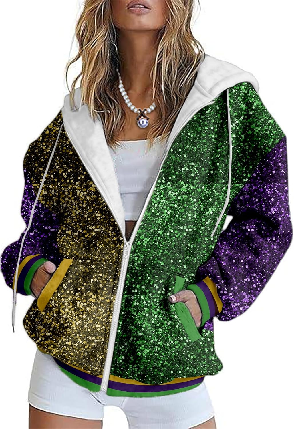 MARDI GRAS Zip Sweatshirt for Women - Vintage Vneck Carnival Outfit