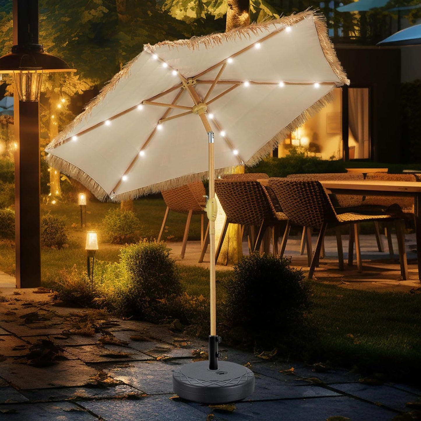 GDY 7.5 ft Tiki Patio Umbrella with LED Lights for Outdoor Fun