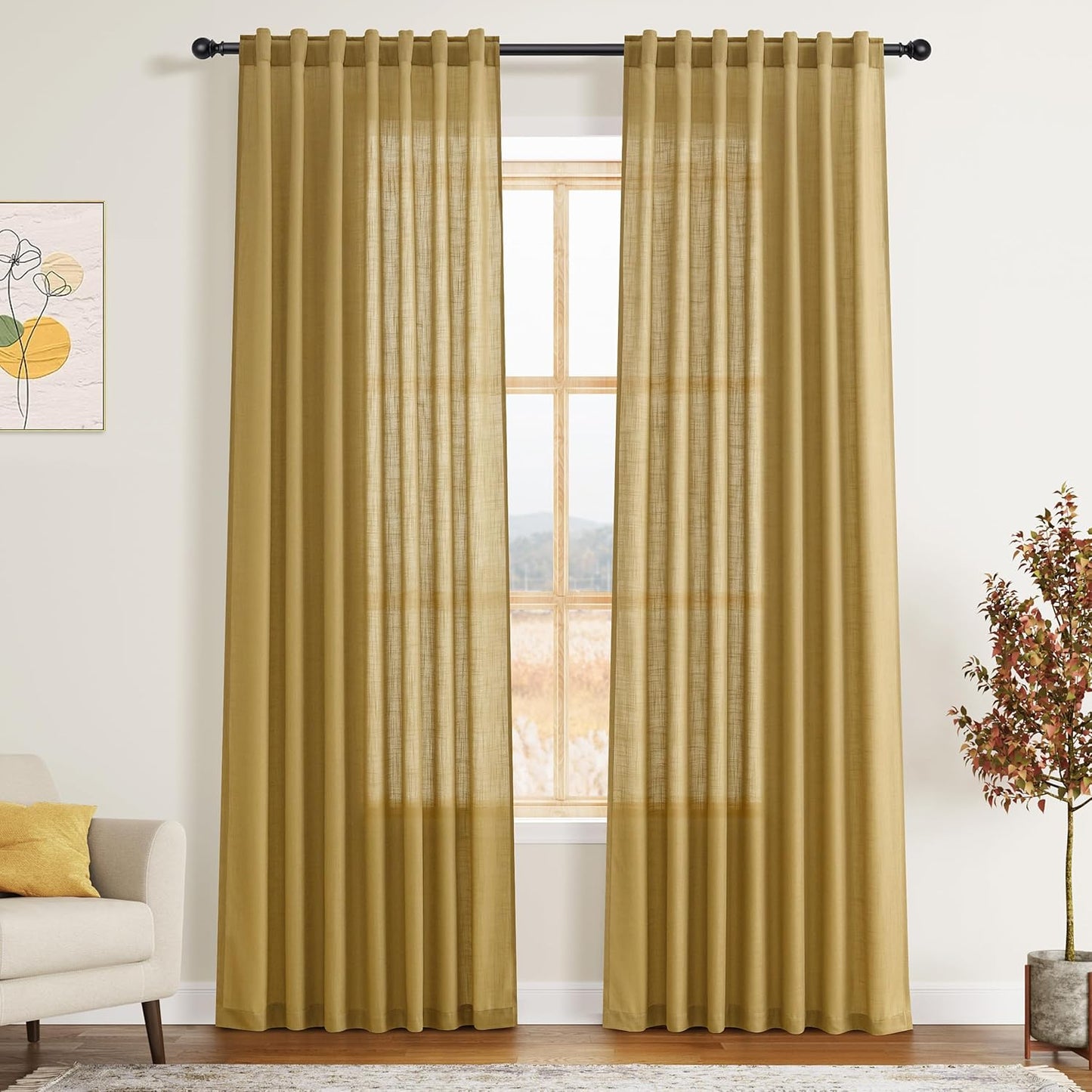 Nanspring Gold Linen Curtains 84 Inch Length for Modern Decor