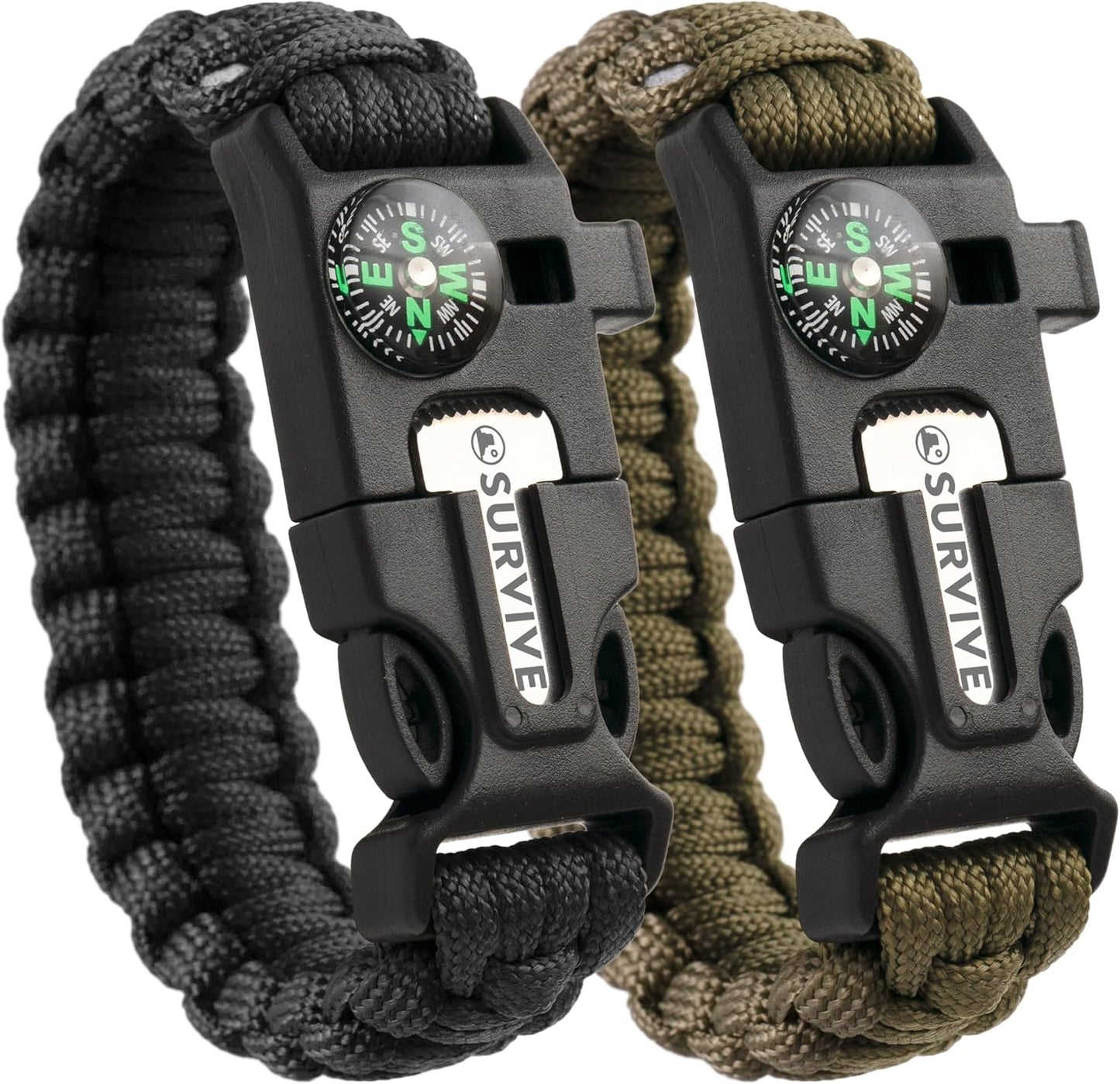 Survive Paracord Bracelet Duo: Emergency Fire Starter, Compass, Whistle