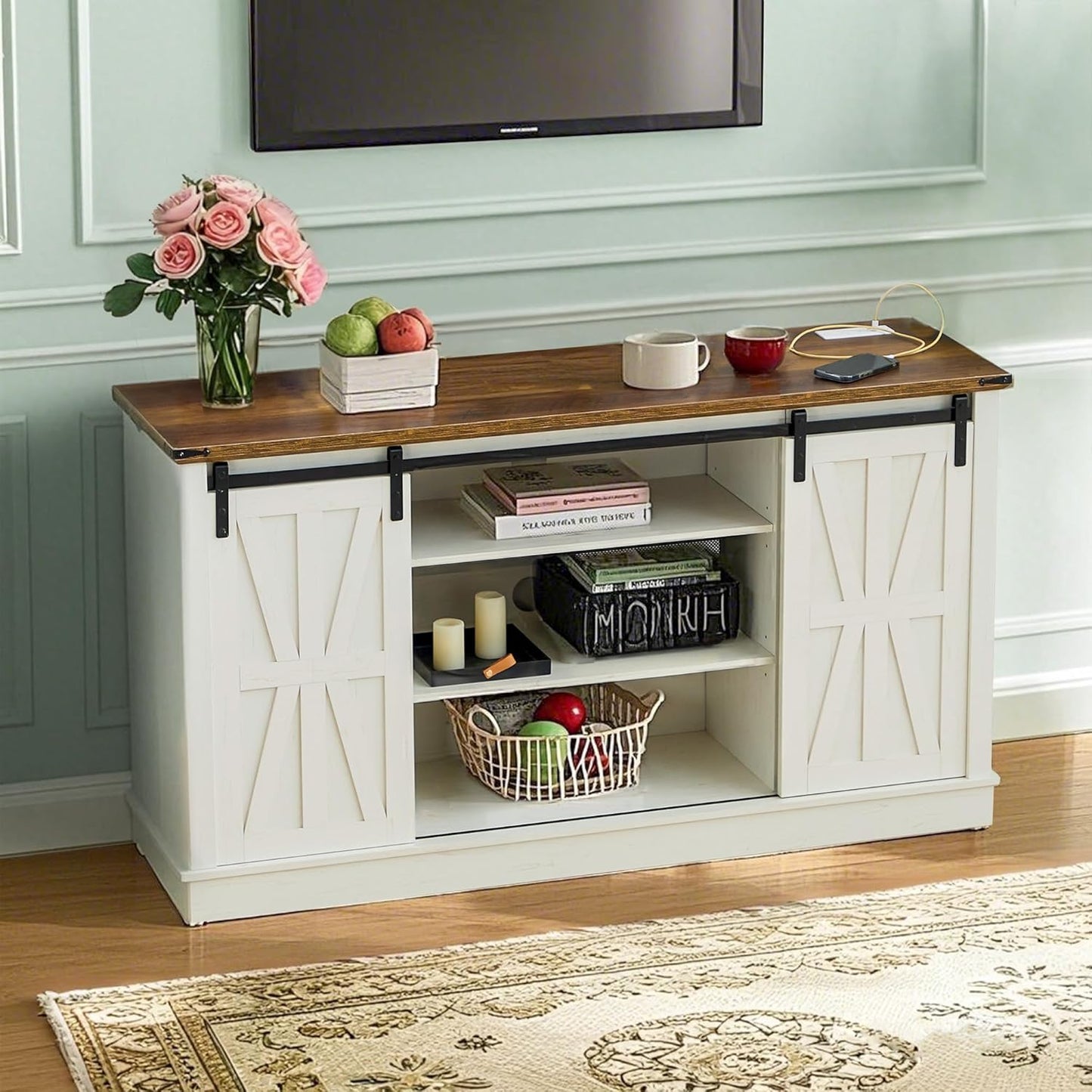 Rustic Farmhouse TV Stand with Power Outlets & Barn Doors - White