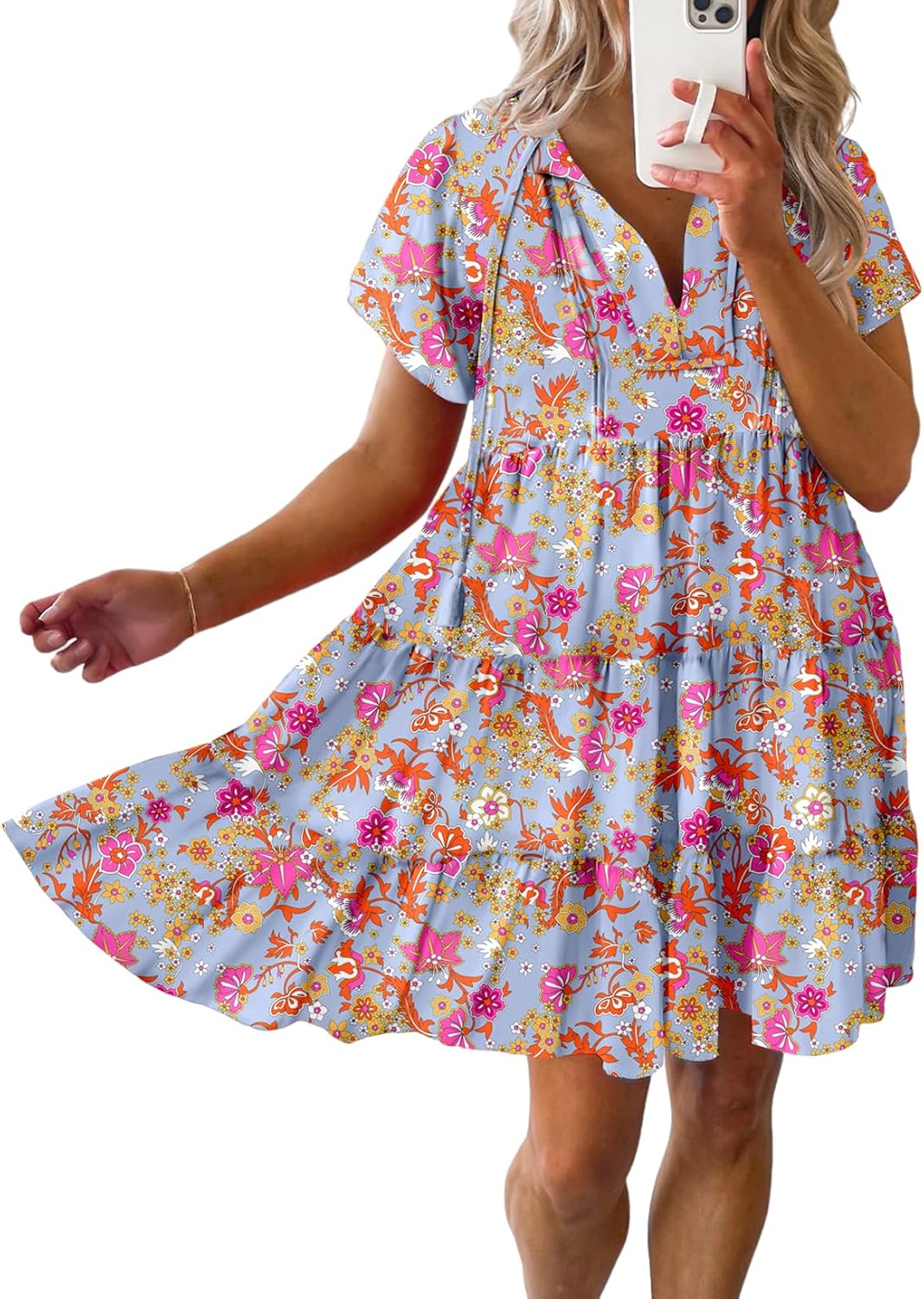 Dokotoo Womens Summer Casual Boho Floral V Neck Mini Dress