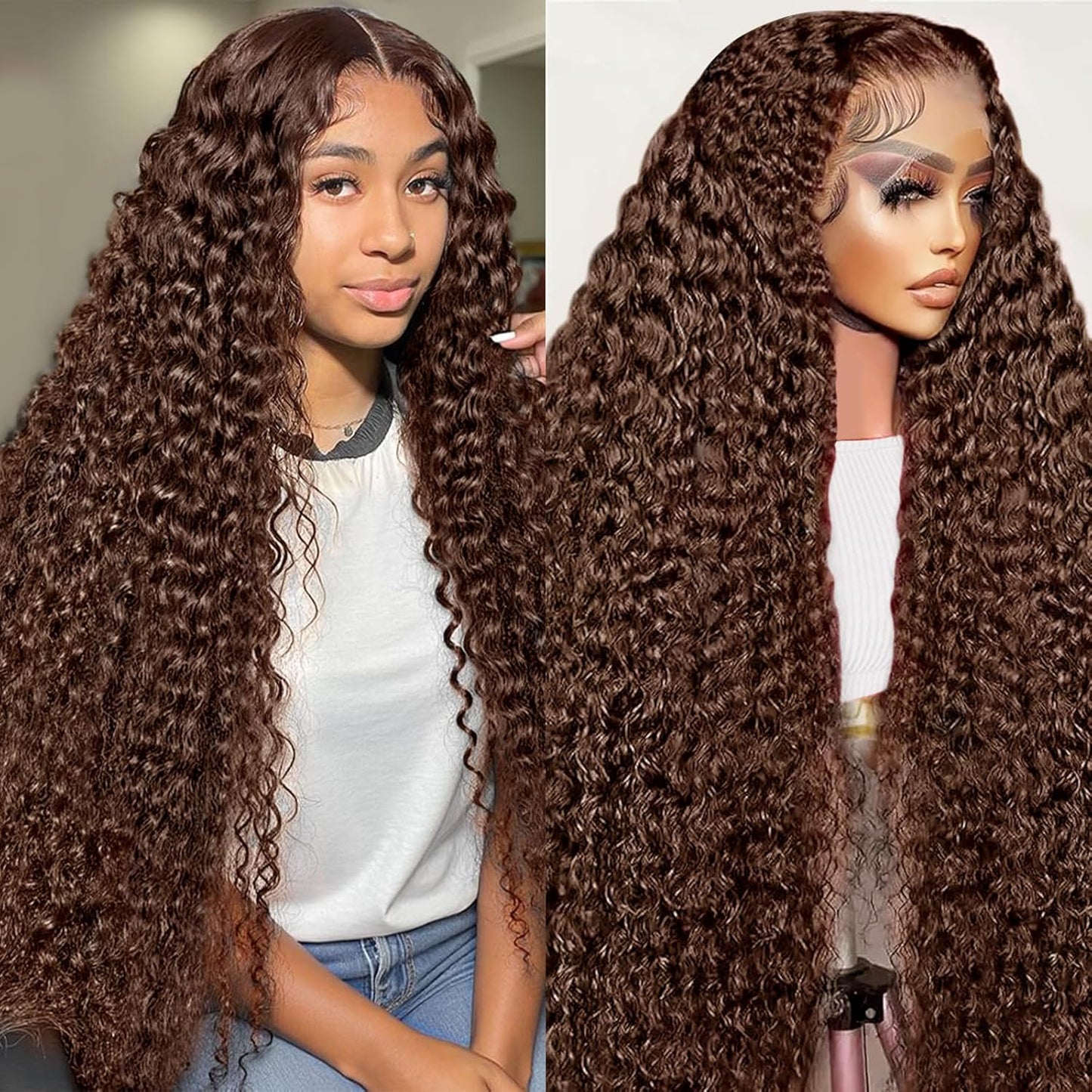 200% Density Chocolate Brown Deep Wave Lace Front Wigs for Women