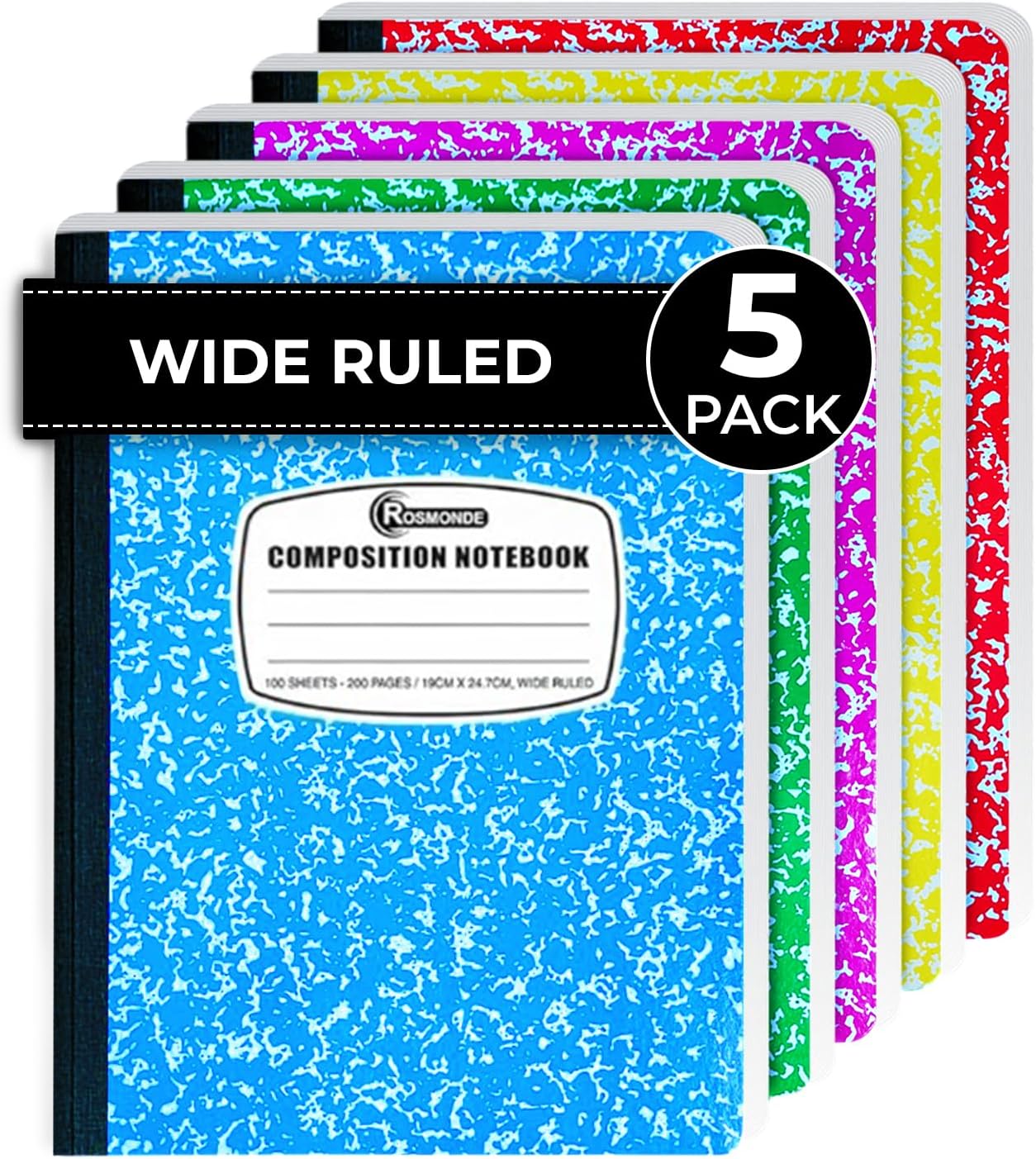 Rosmonde 5-Pack Wide Ruled Composition Notebooks - 200 Pages for Work & School