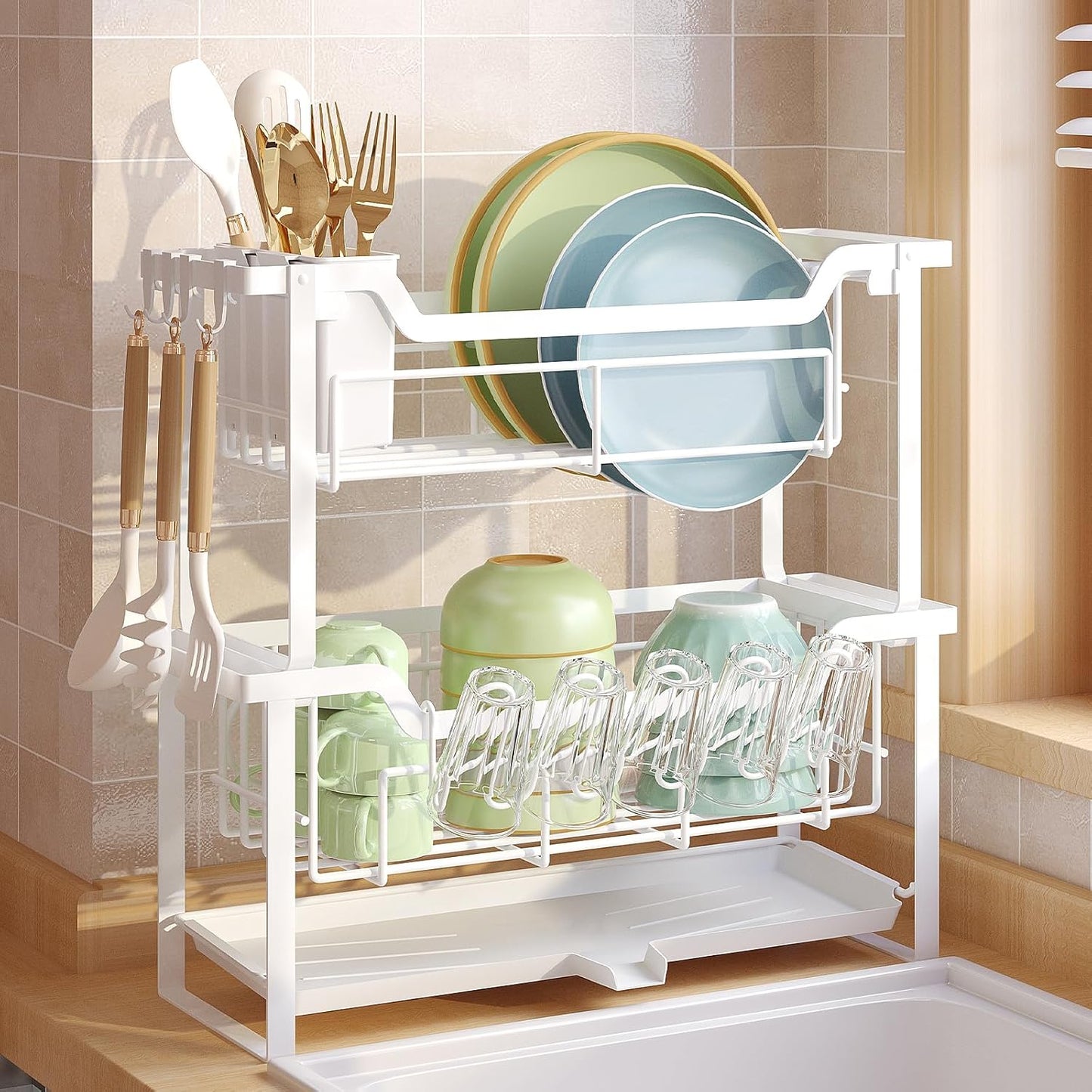 Dish Rack with Drainboard for Narrow Spaces - Two-Story Design