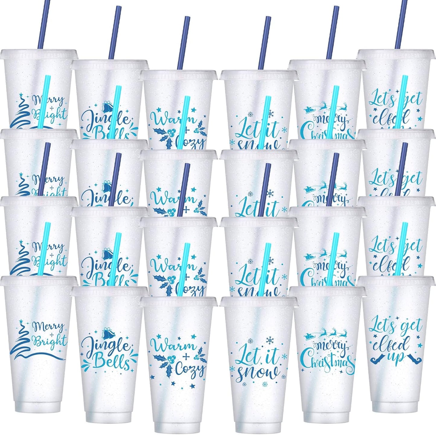 24 Pcs Blue Glitter Christmas Cups with Lid and Straw for Parties