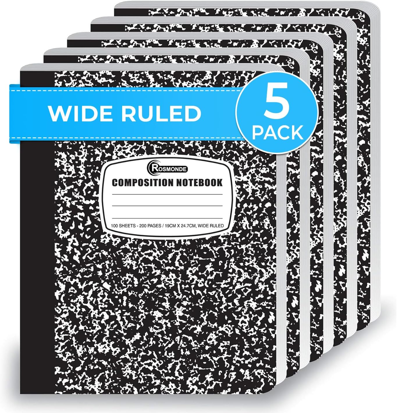 5-Pack Rosmonde Notebooks, Wide Ruled, 200 Pages - Perfect for Work & School