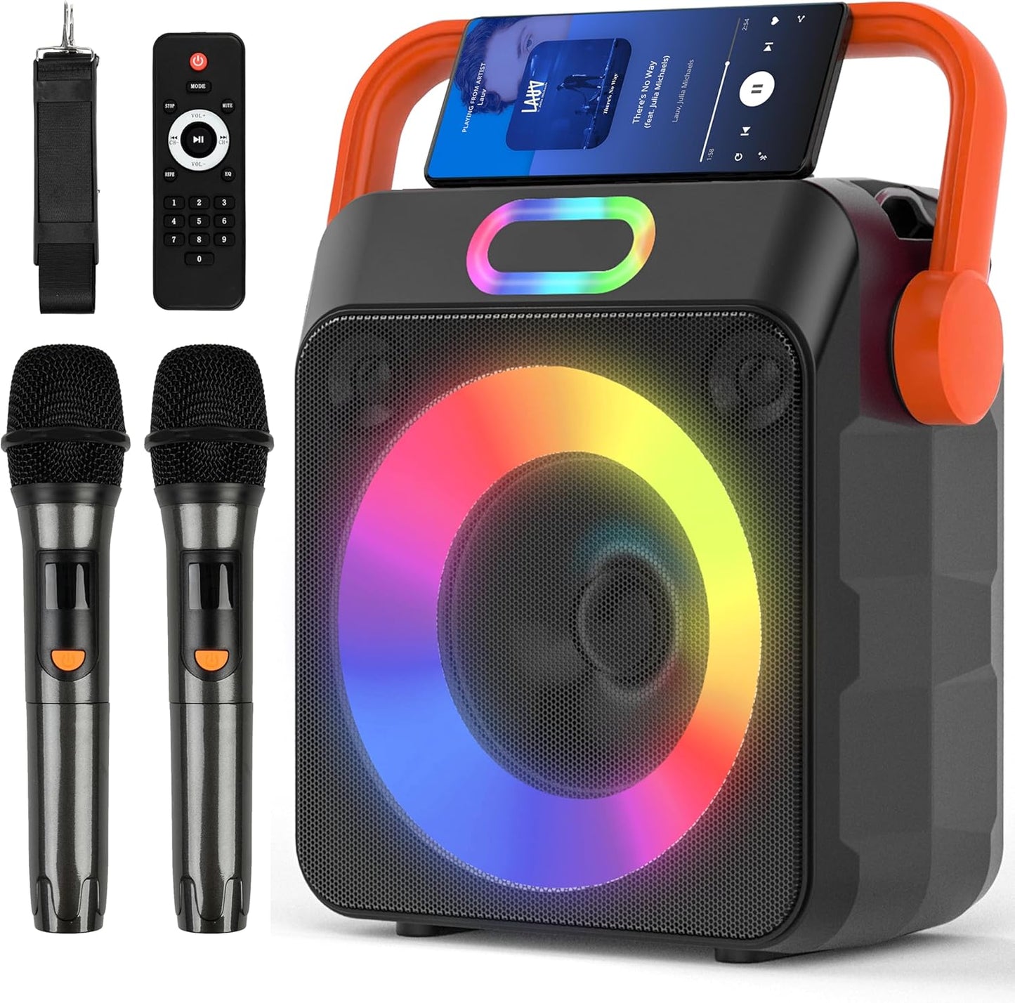 Portable Karaoke Machine: Dual Wireless Mics, Bass/Treble Adjustment, LED Lights
