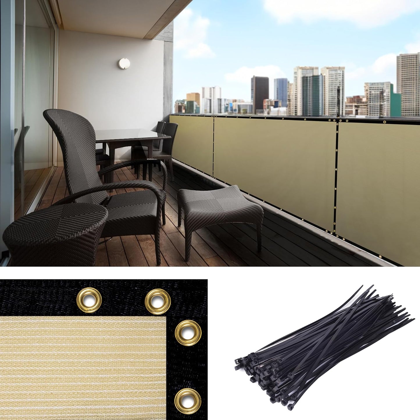 Custom Made 3ft x 42ft Beige Balcony Privacy Screen for Railing