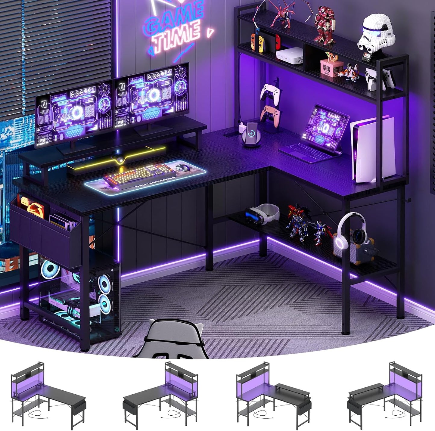 Aheaplus L Desk: Power Outlets, LED Lights & Storage