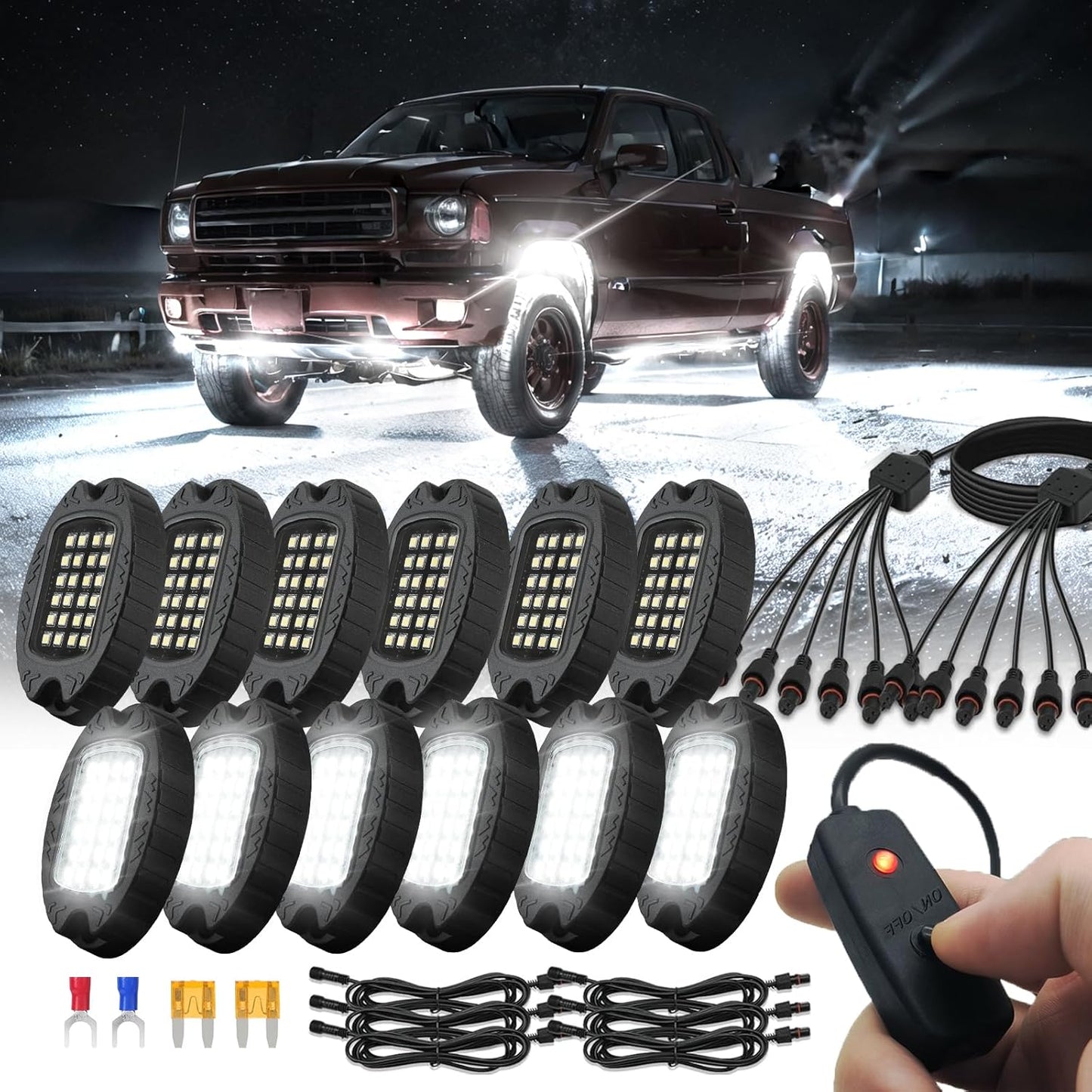 12 Pods Pure White LED Rock Lights for Offroad Vehicles