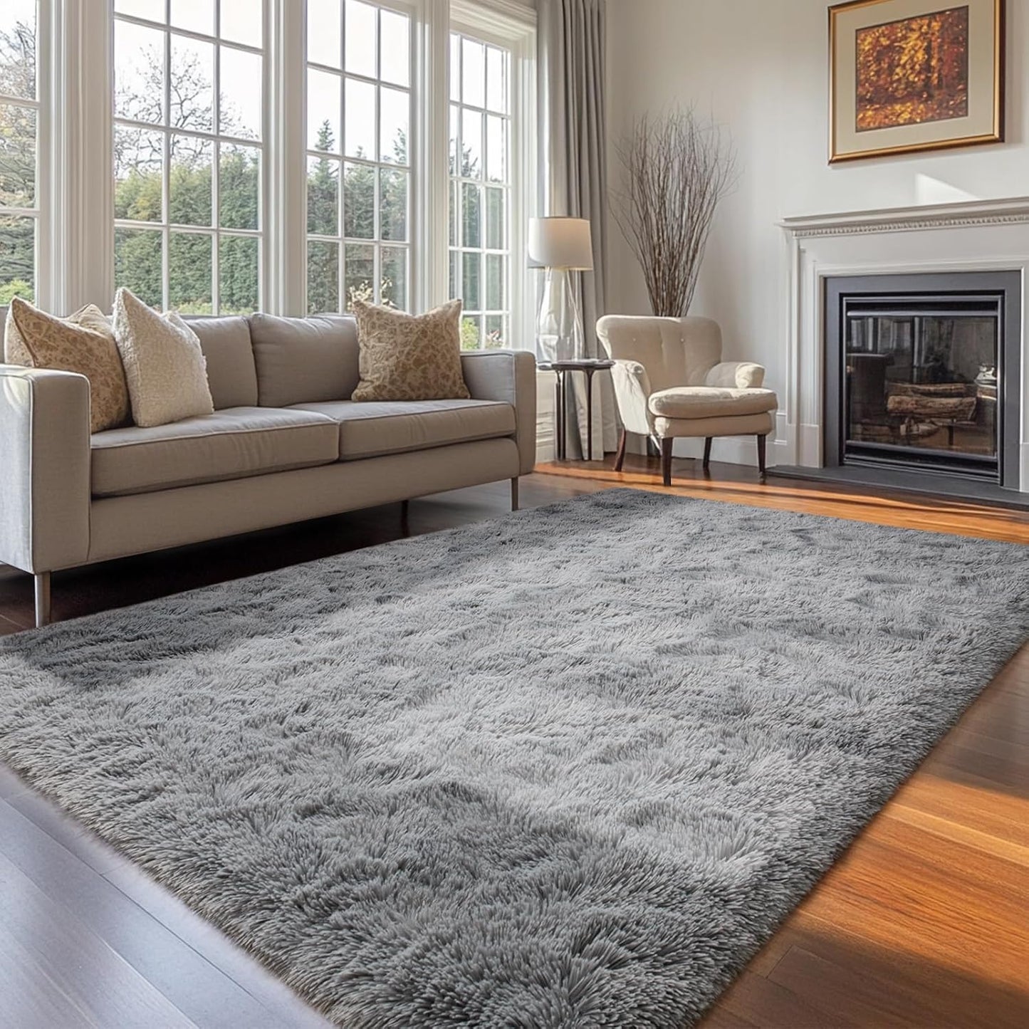 8x10 Grey Fluffy Area Rug for Living Room, Plush Carpet