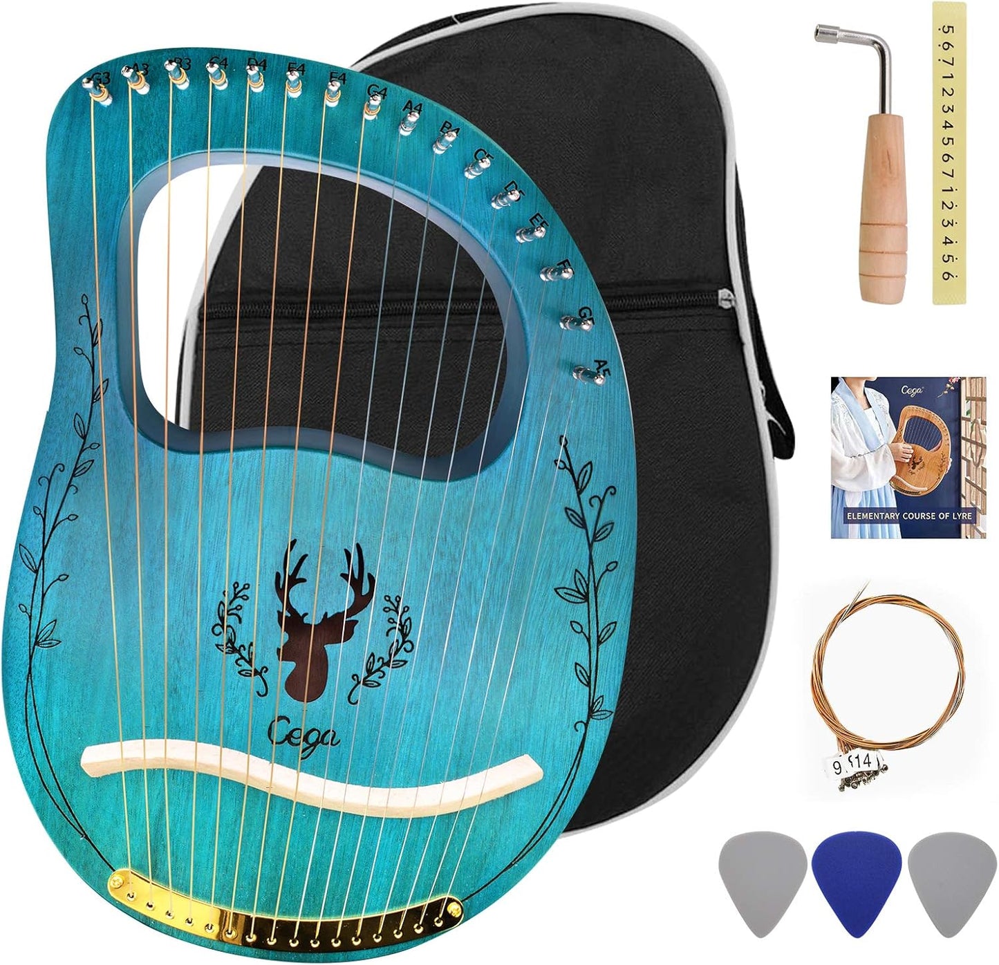 Lyre Harp 16 Strings Musical Instrument with Solid Mahogany Body