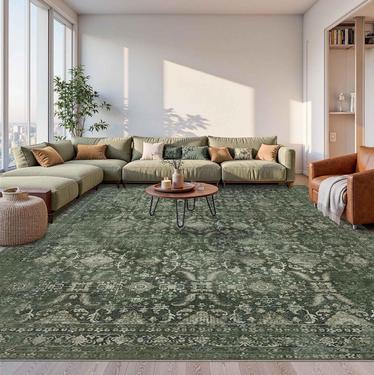 10x14 Area Rugs for Living Room Bedroom, Vintage Green Floral