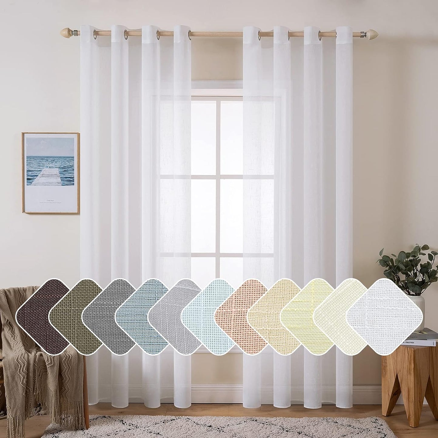 MIULEE Elegant White Linen Sheer Curtains