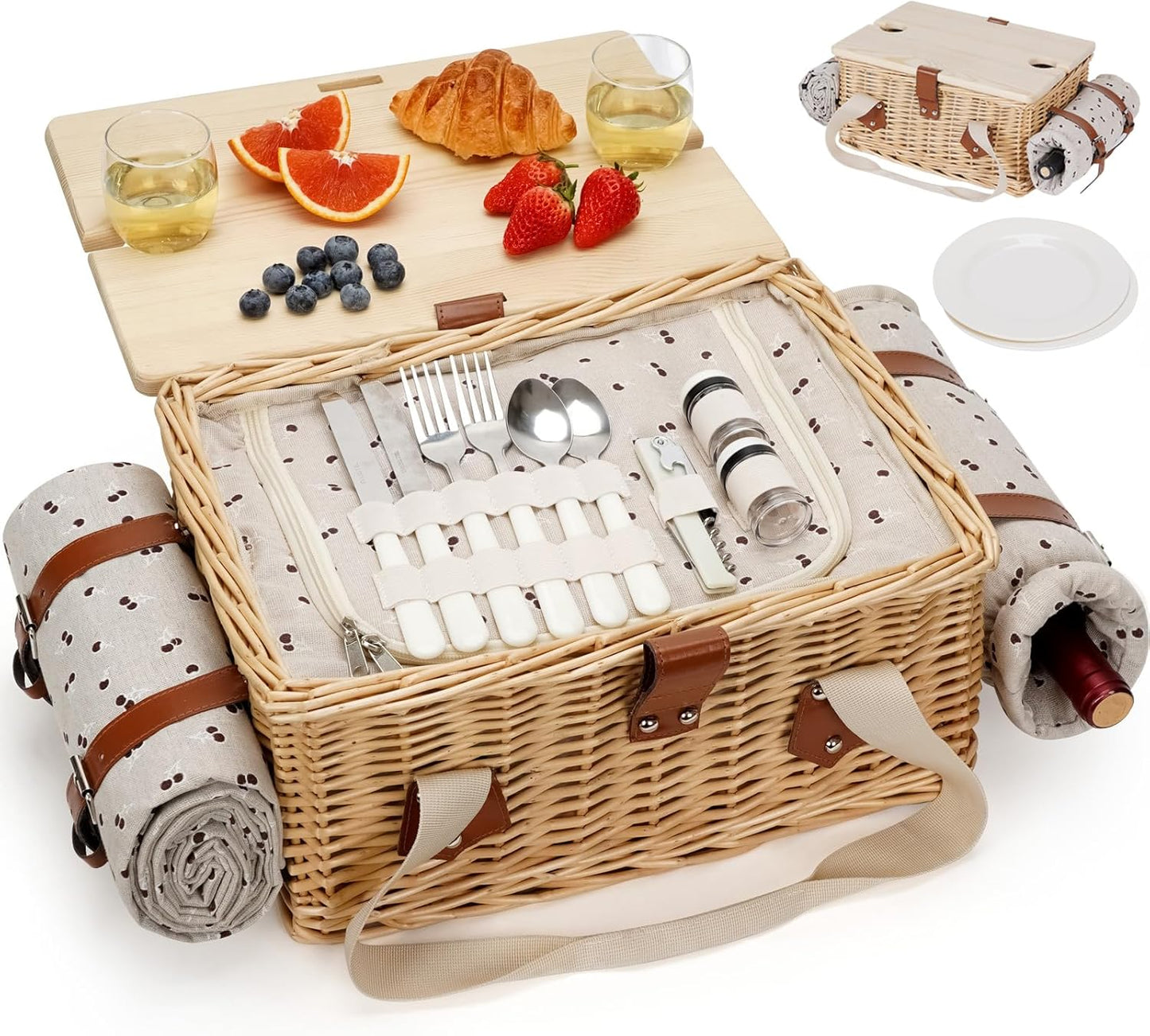 Handmade Wicker Picnic Basket Set for 2 with Table & Blanket