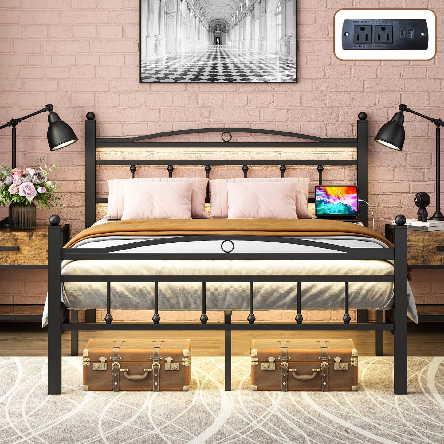 Full Size Bed Frame with Headboard and LED Lights for Comfort