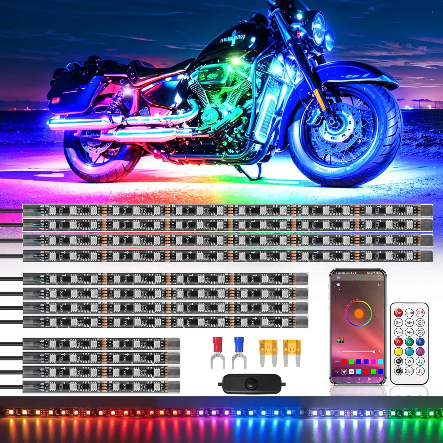 12PCS Chasing Motorcycle LED Lights Kit with APP Remote Control