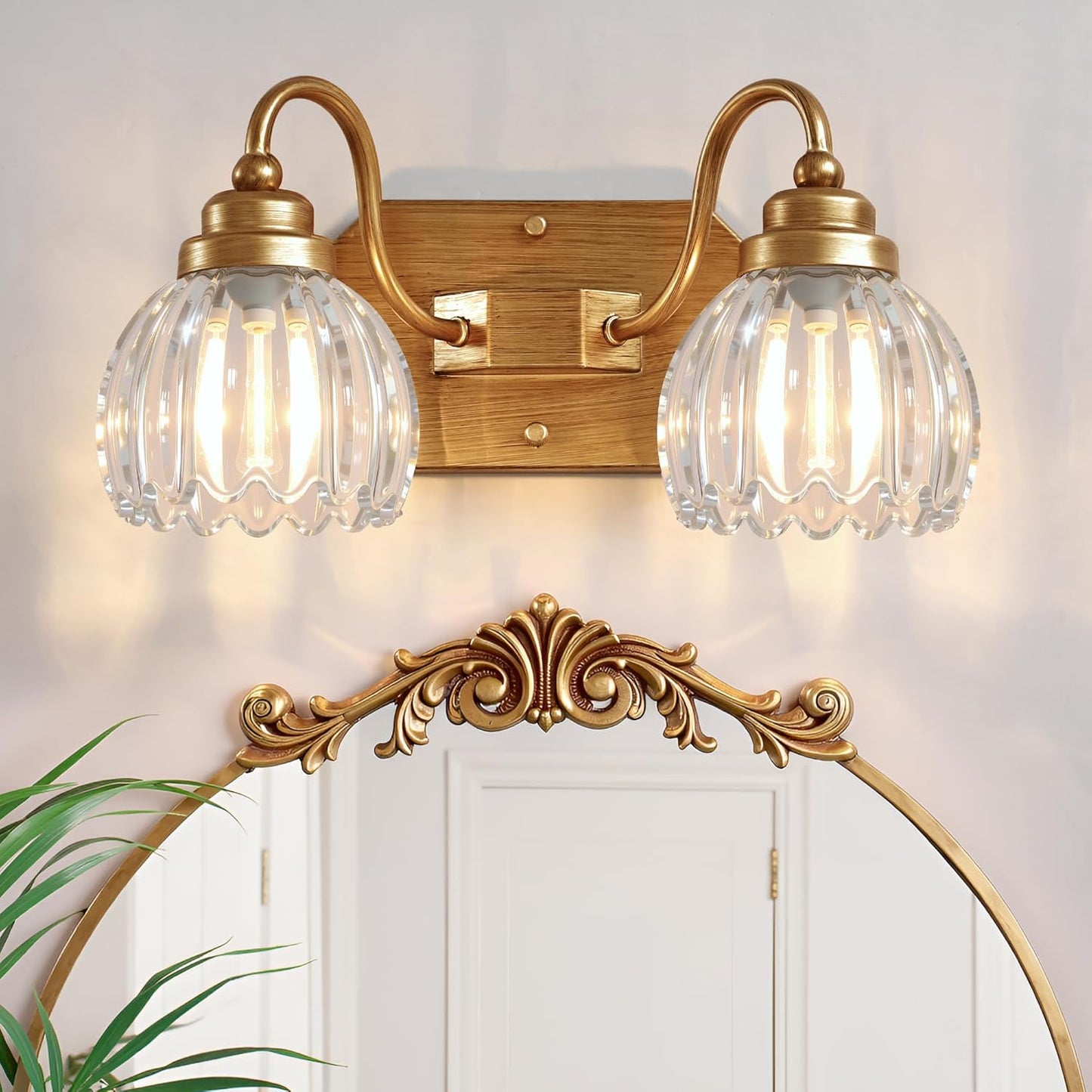 Vintage Bathroom Light Fixtures with Antique Brass Finish and Crystal