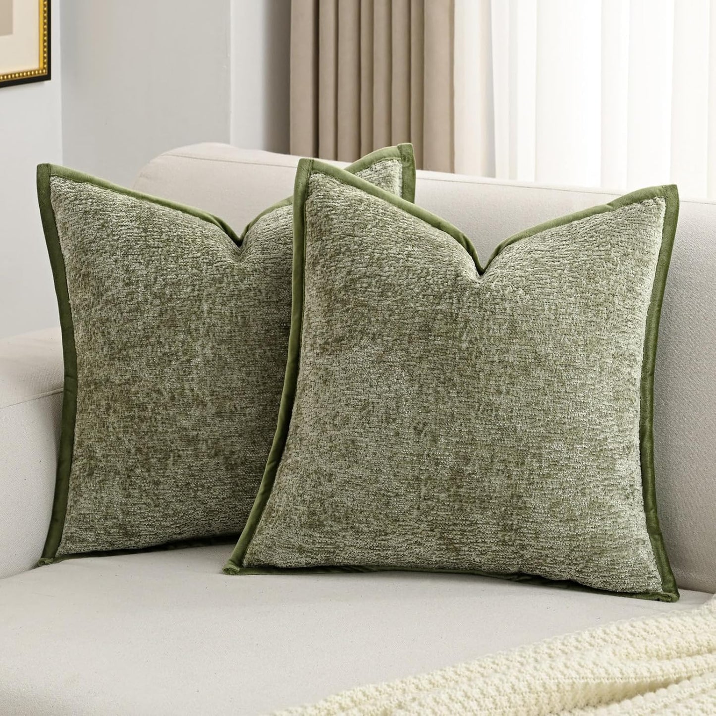 Sage Green Chenille Throw Pillow Covers Set of 2 for Home Decor