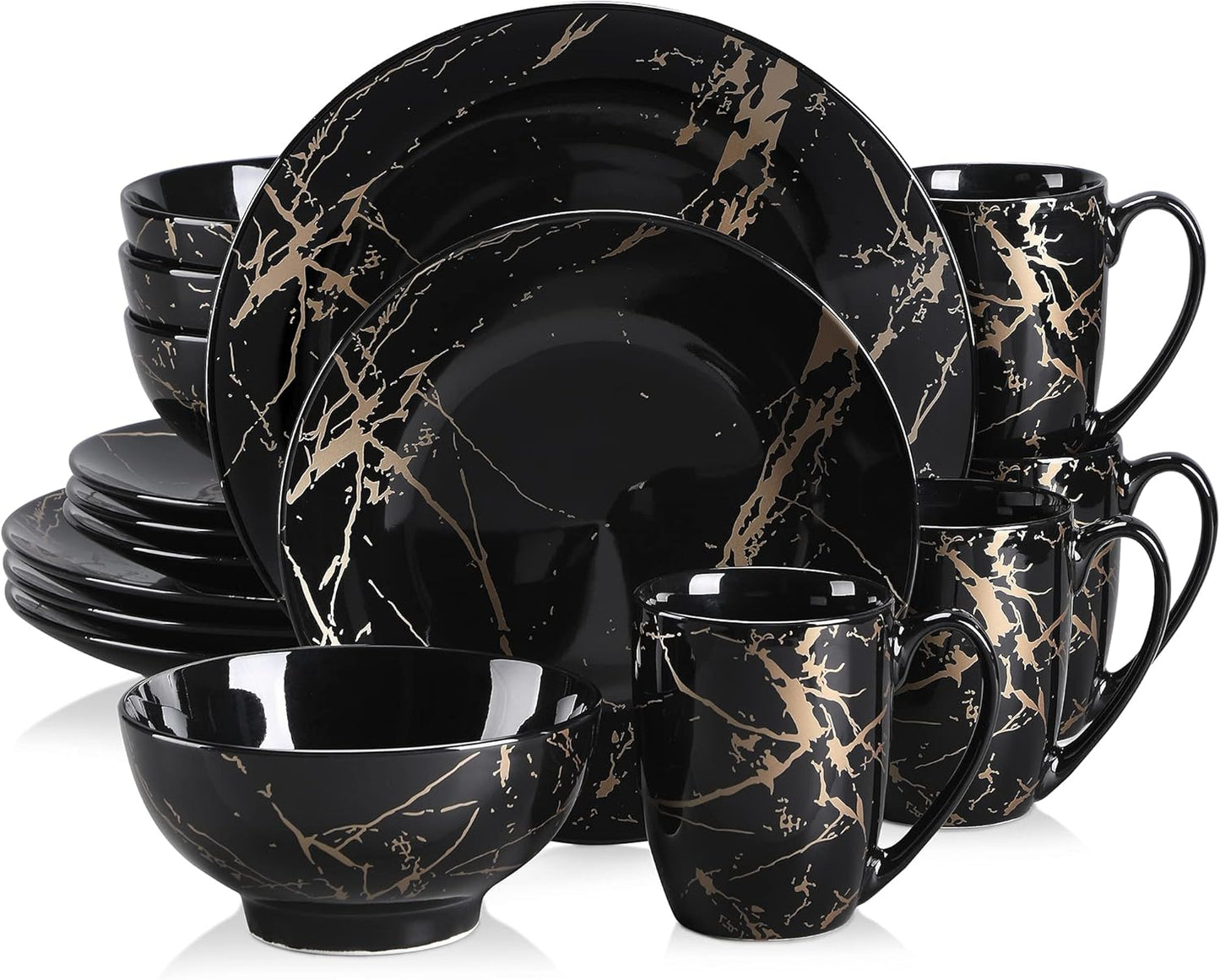 Elegant Black Dinnerware Set with Gold Splash Design for 4