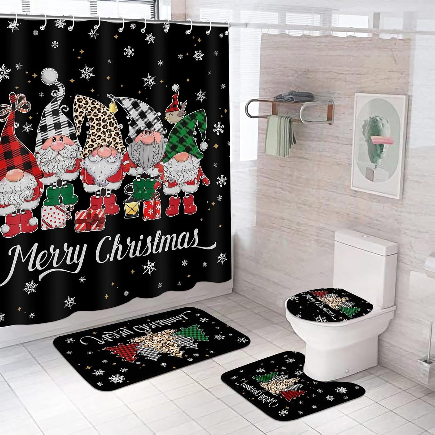 Christmas Bathroom Set 4Pcs - Gnome - 72x72 Inch