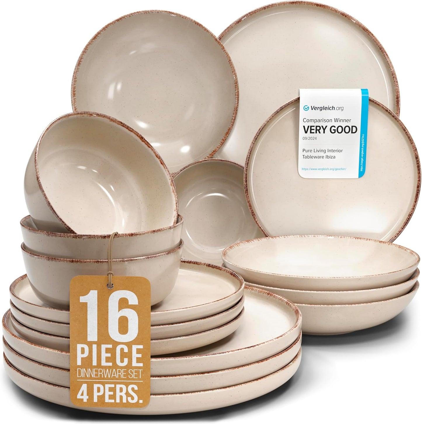 Rustic Earthenware Dinnerware Set for 4 - 16 Pcs in Beige