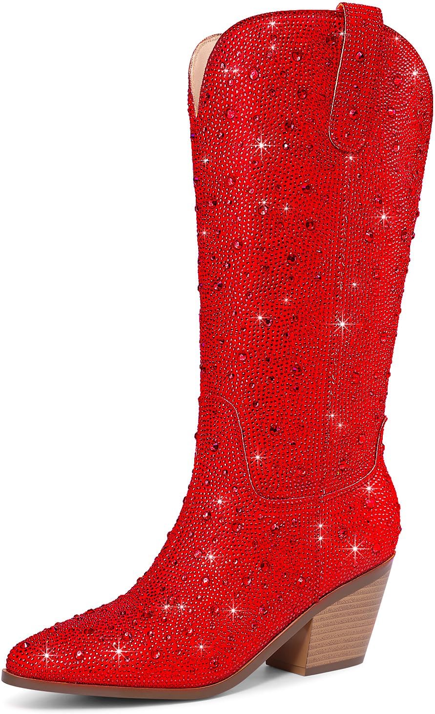 Cowgirl Ankle Boots for Women with Rhinestones and Chunky Heel