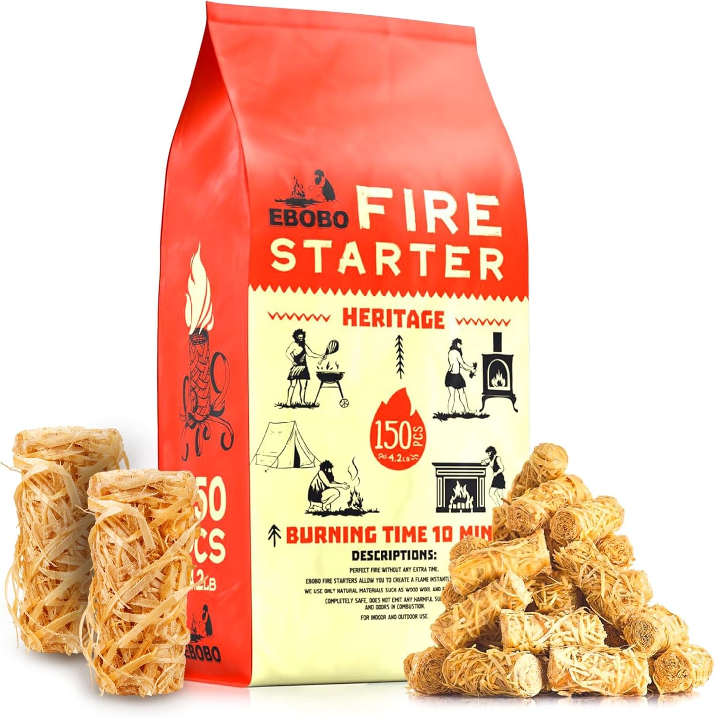 150 pcs Natural Fire Starters for Fireplace and BBQ Grills