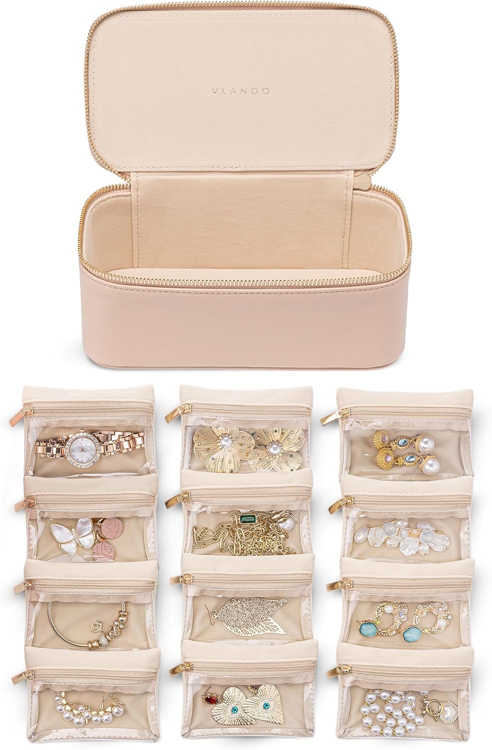 Vlando Jewelry Box for Women - Elegant Organizer with 12 Bags