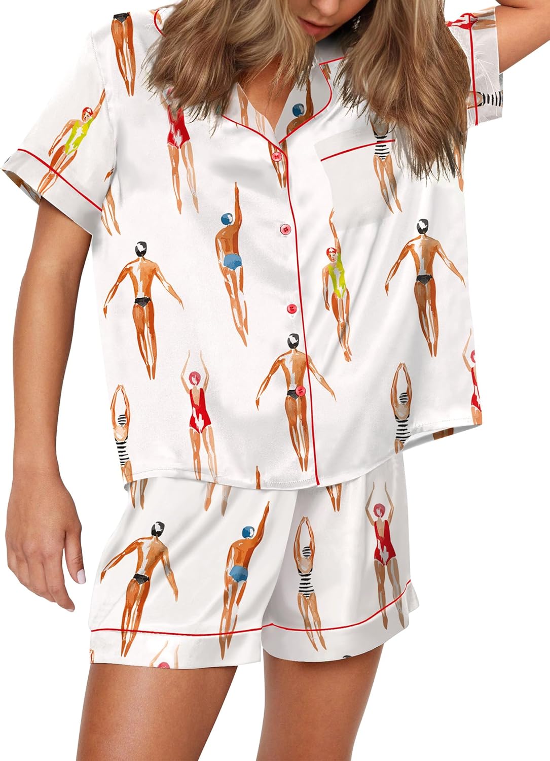 Satin Pajamas for Women Set with Sport Ball Print Sleepwear
