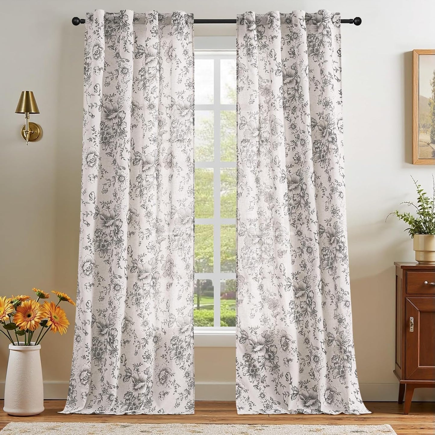 Linen Floral Curtains 96 Inch Length for Living Room Bedroom
