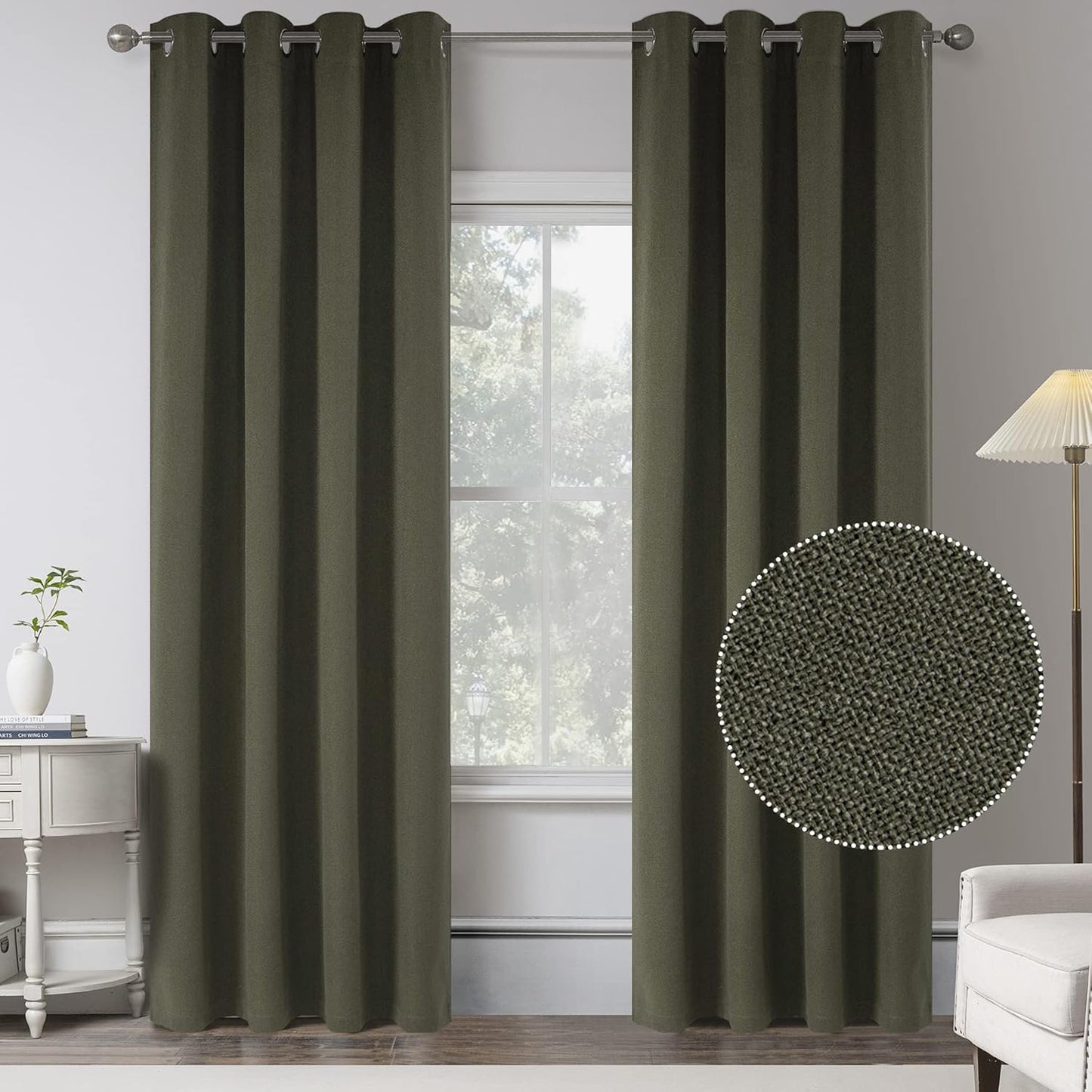 Dark Olive Green Linen Blackout Curtains for Modern Farmhouse