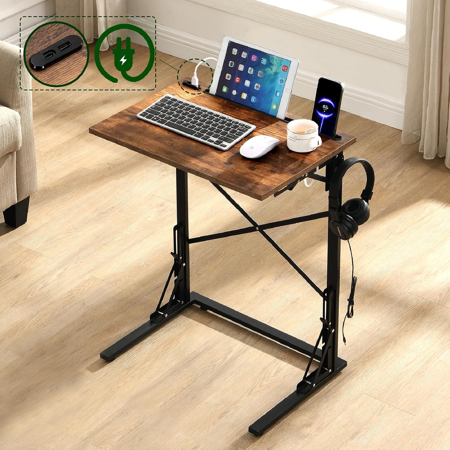 Rustic Brown Folding TV Tray with USB Charging - GugiNest