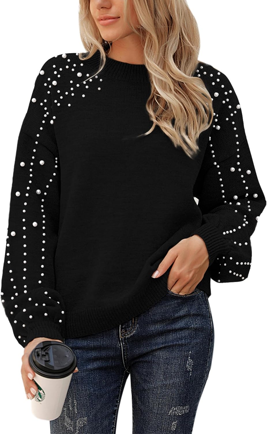 Chunky Sweater Crewneck with Lantern Sleeves and Pearls