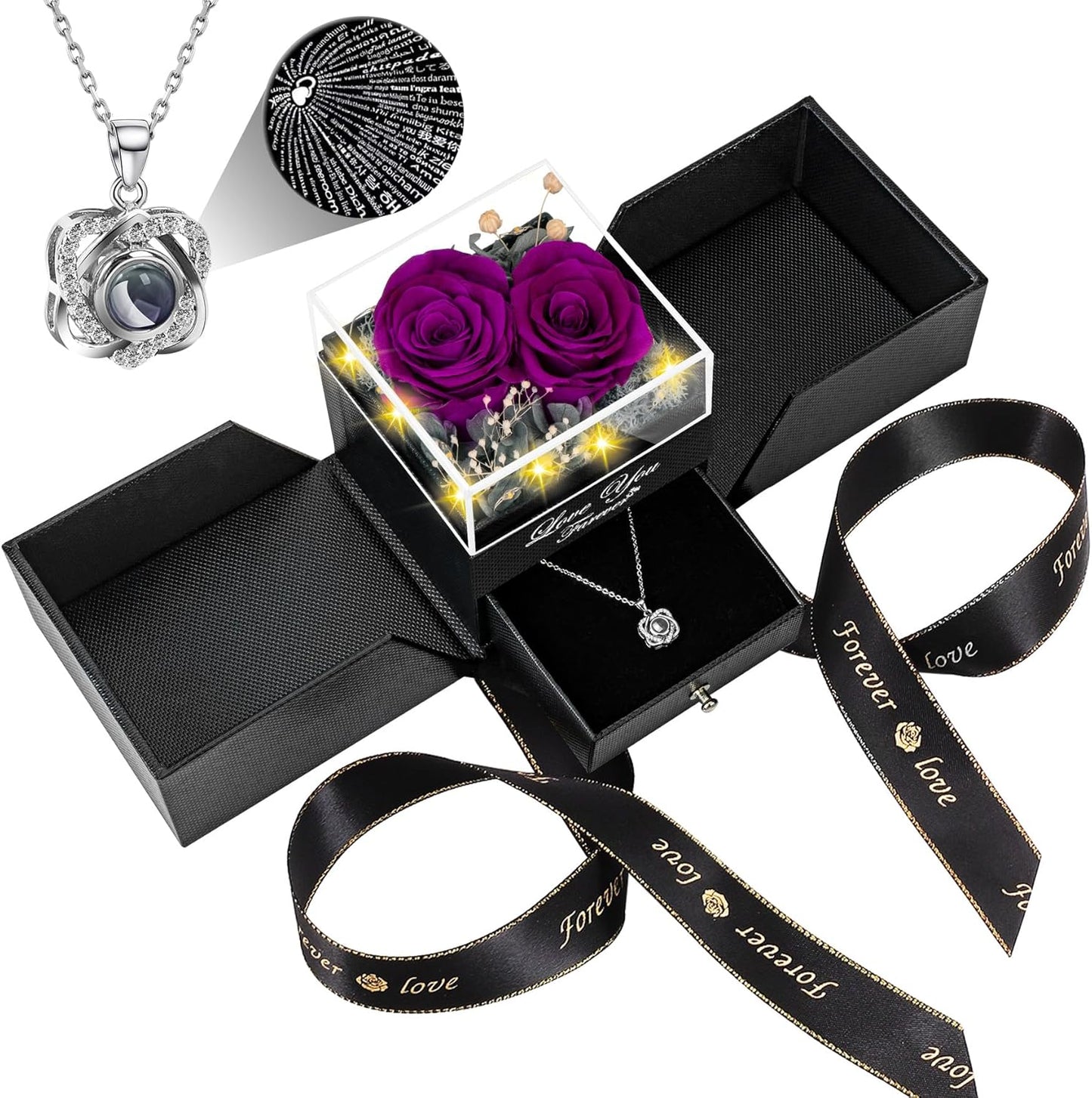 2 Preserved Real Roses with Heart Necklace for Her Gifts
