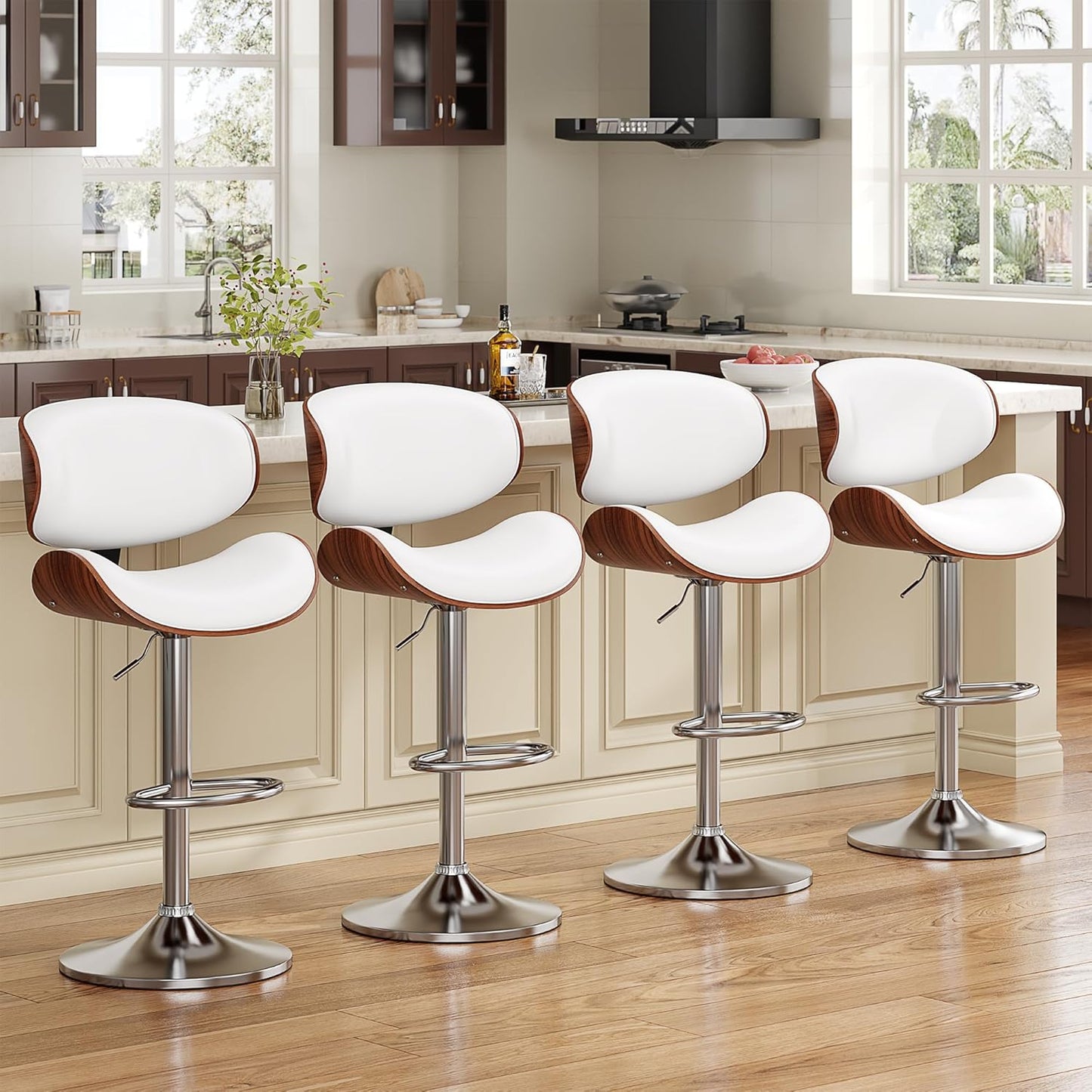 Modern PU Leather Swivel Adjustable Bar Stools Set of 4