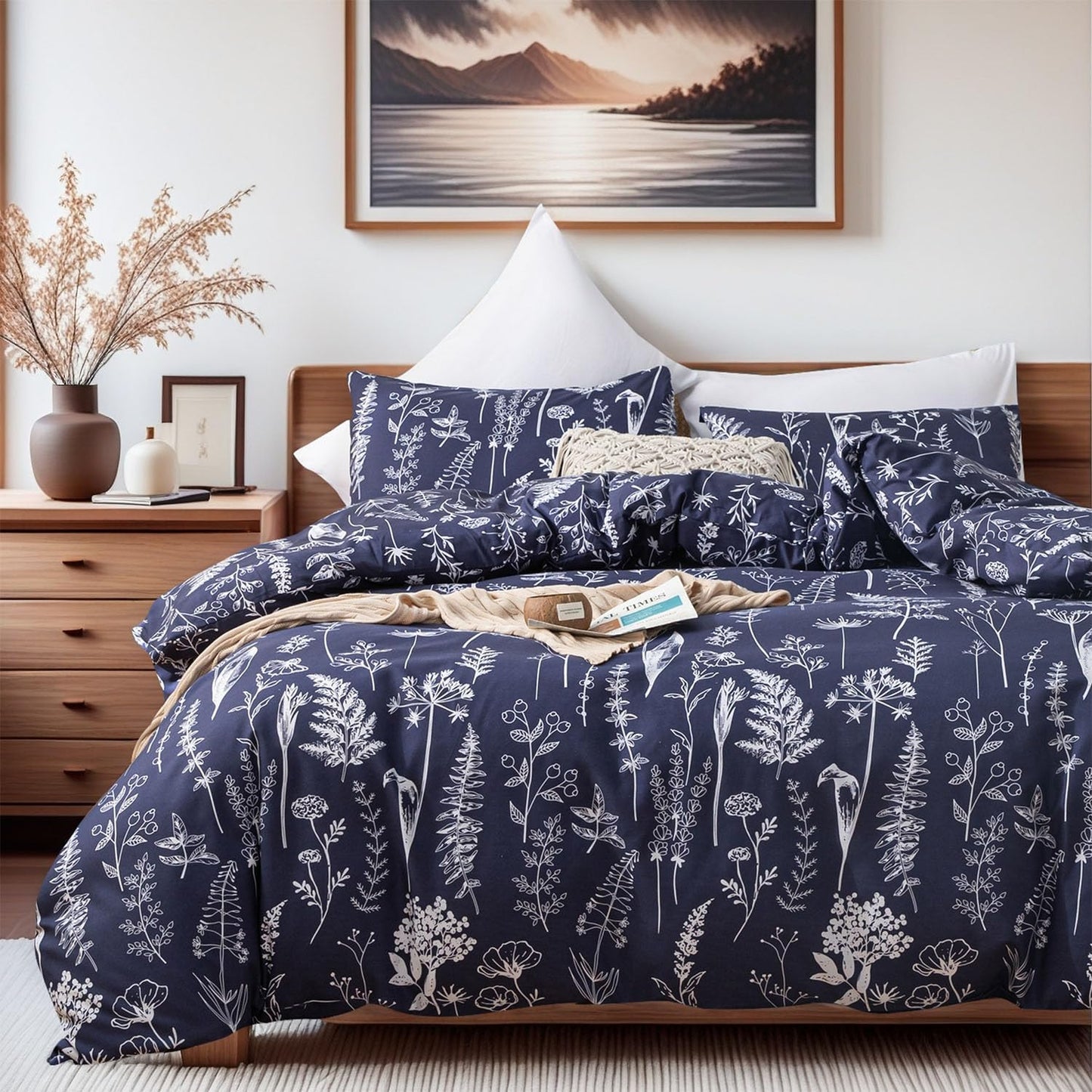 JANZAA Queen Comforter Set in Navy Blue with Floral Design