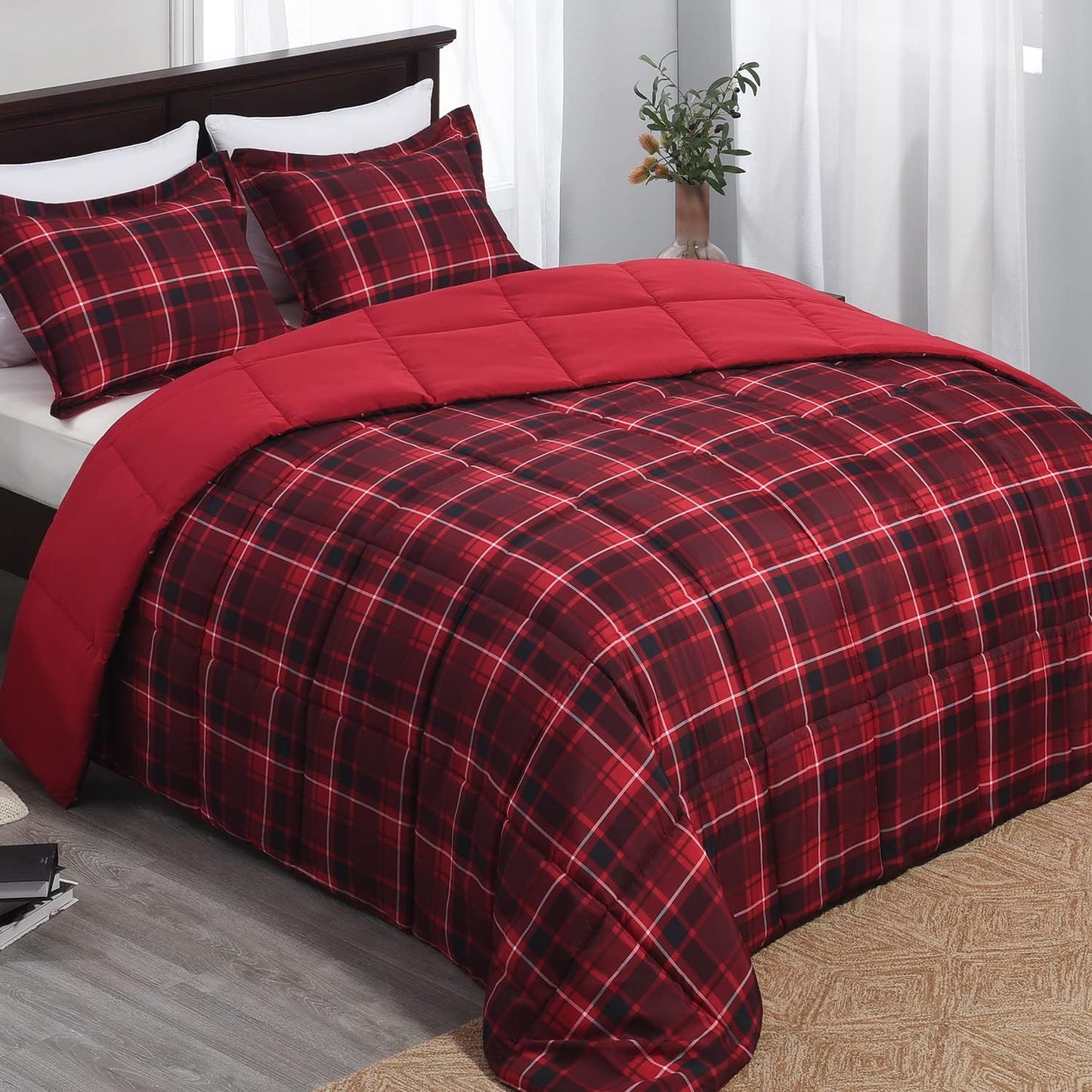Buffalo Plaid Comforter Set Queen - Red and Black Bedding