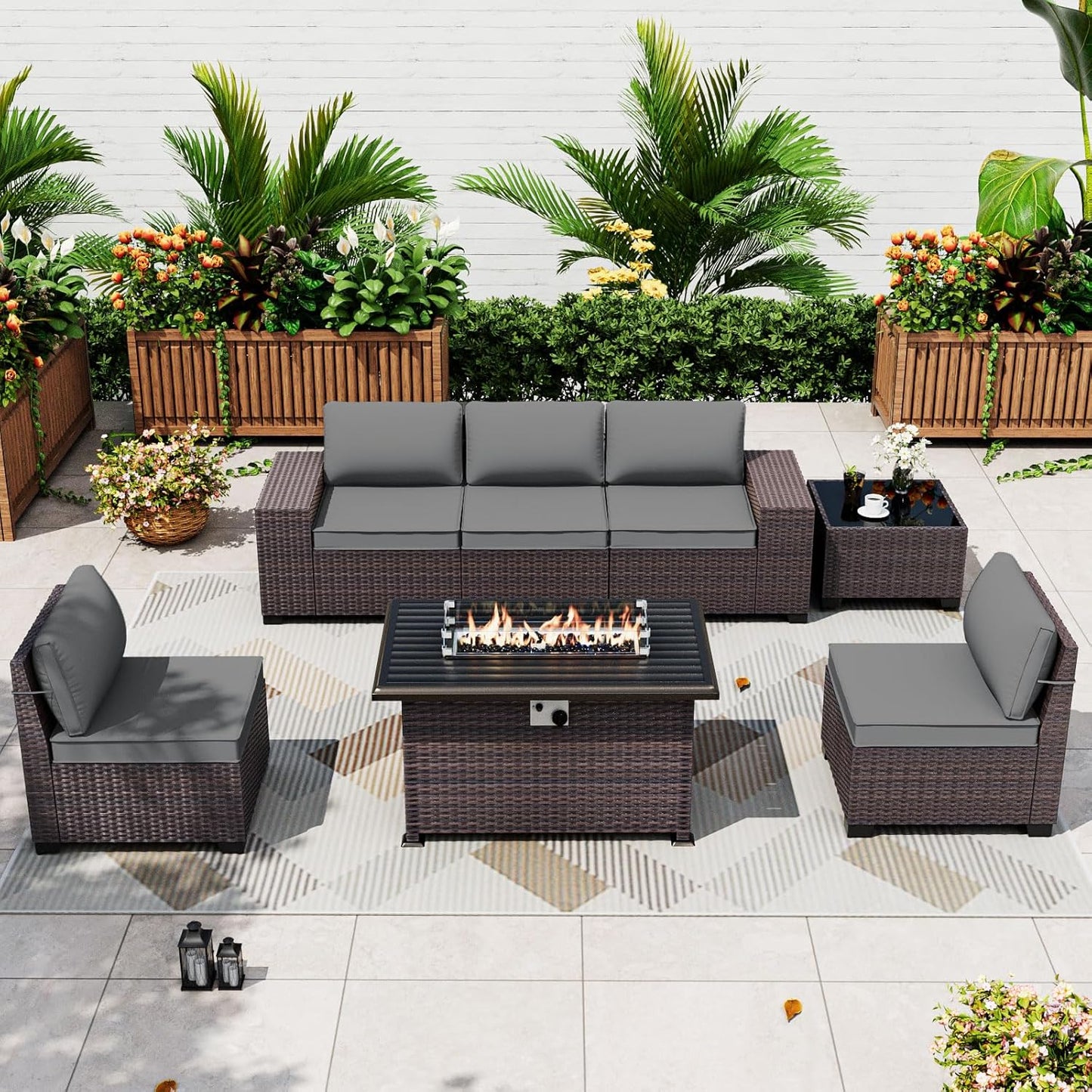 7 Pieces Patio Furniture Set with Fire Pit Table for Comfort