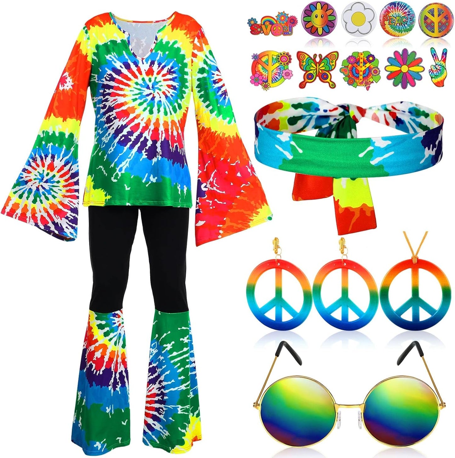 17Pcs 60s 70s Hippie Costume Set for Women with Accessories