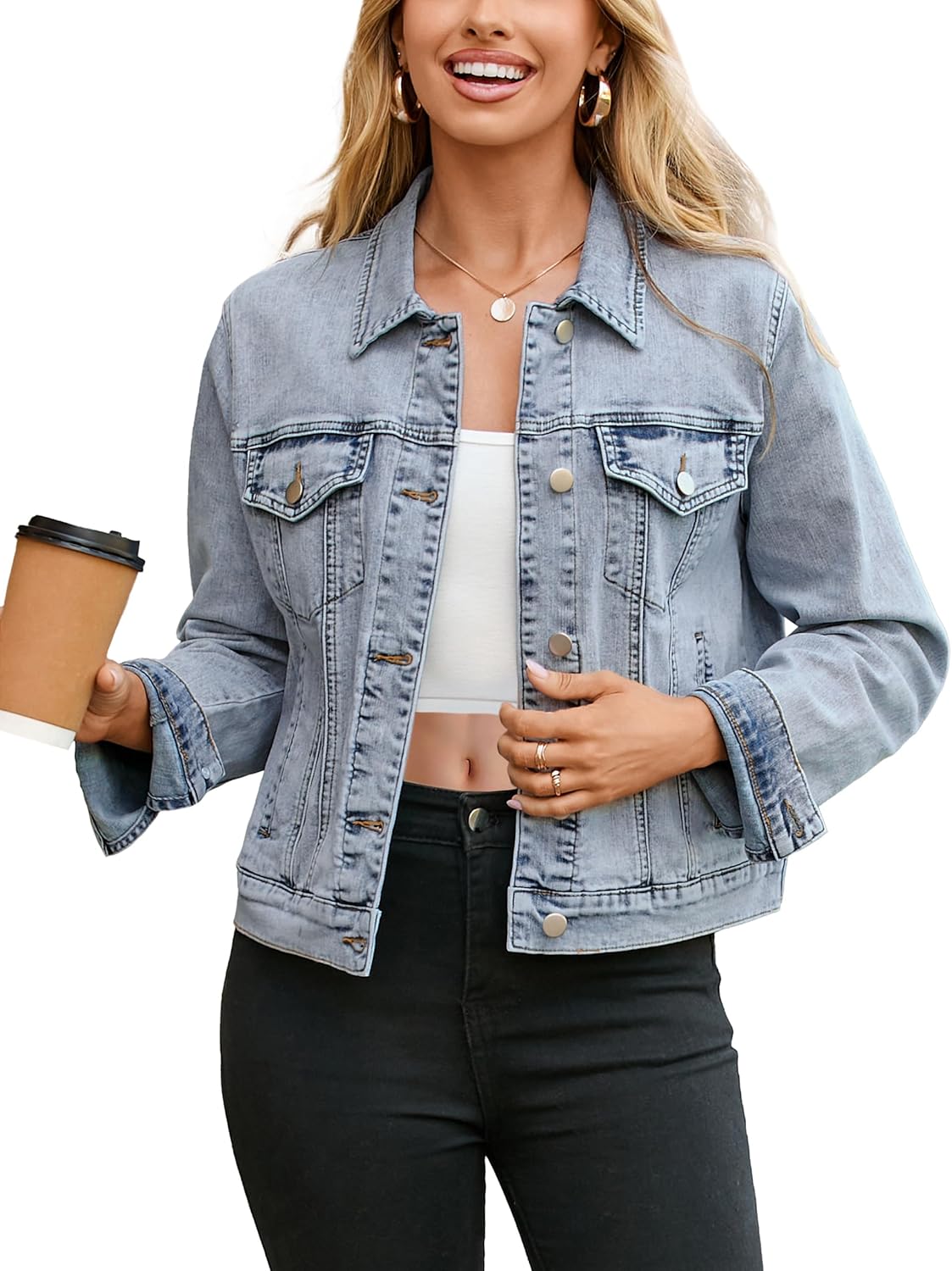 Trendy Long Sleeve Denim Jacket for Women with Pockets