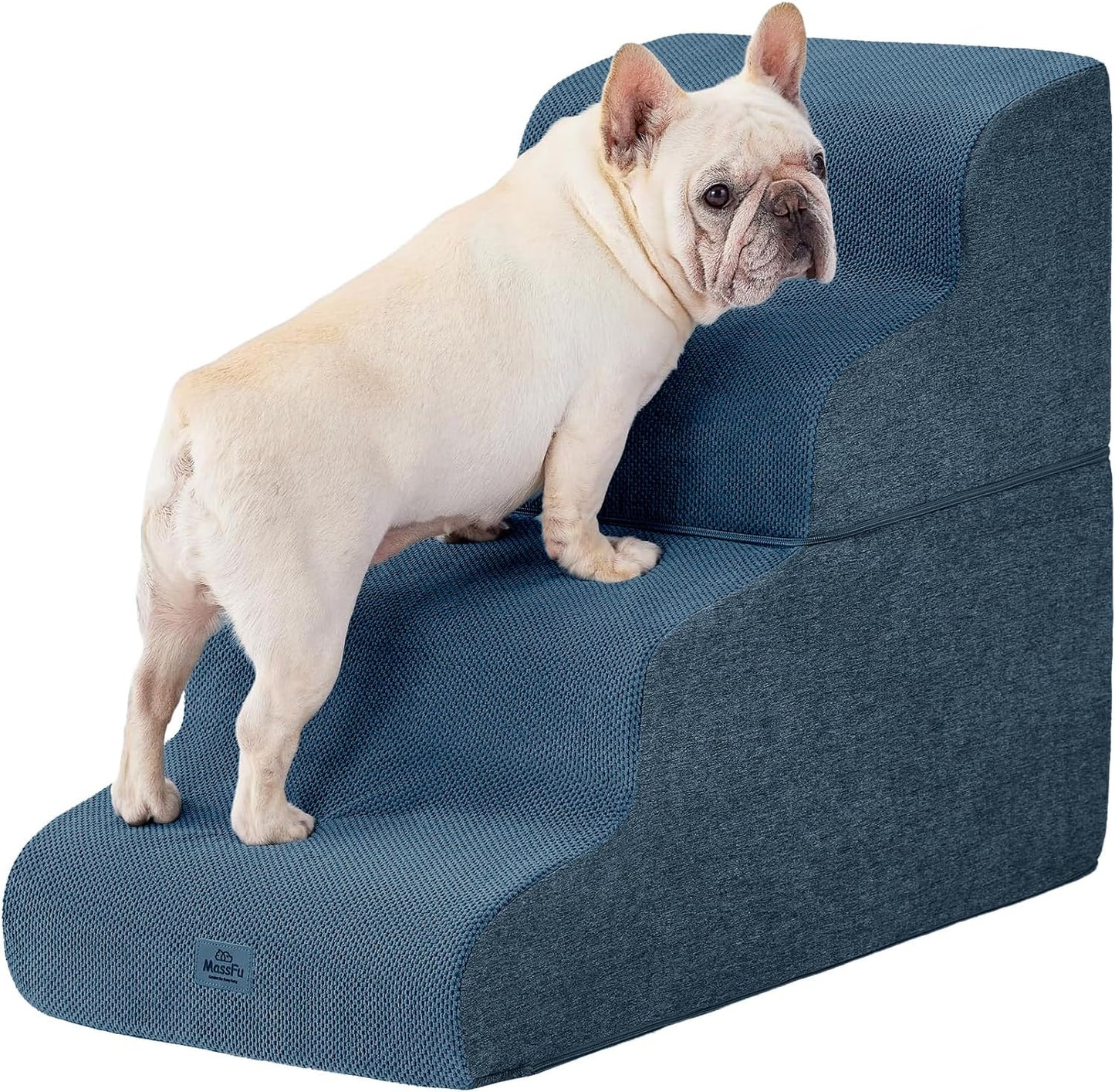 Navy Blue Curved Dog Stairs Ramp for High Beds - 4-Step Design