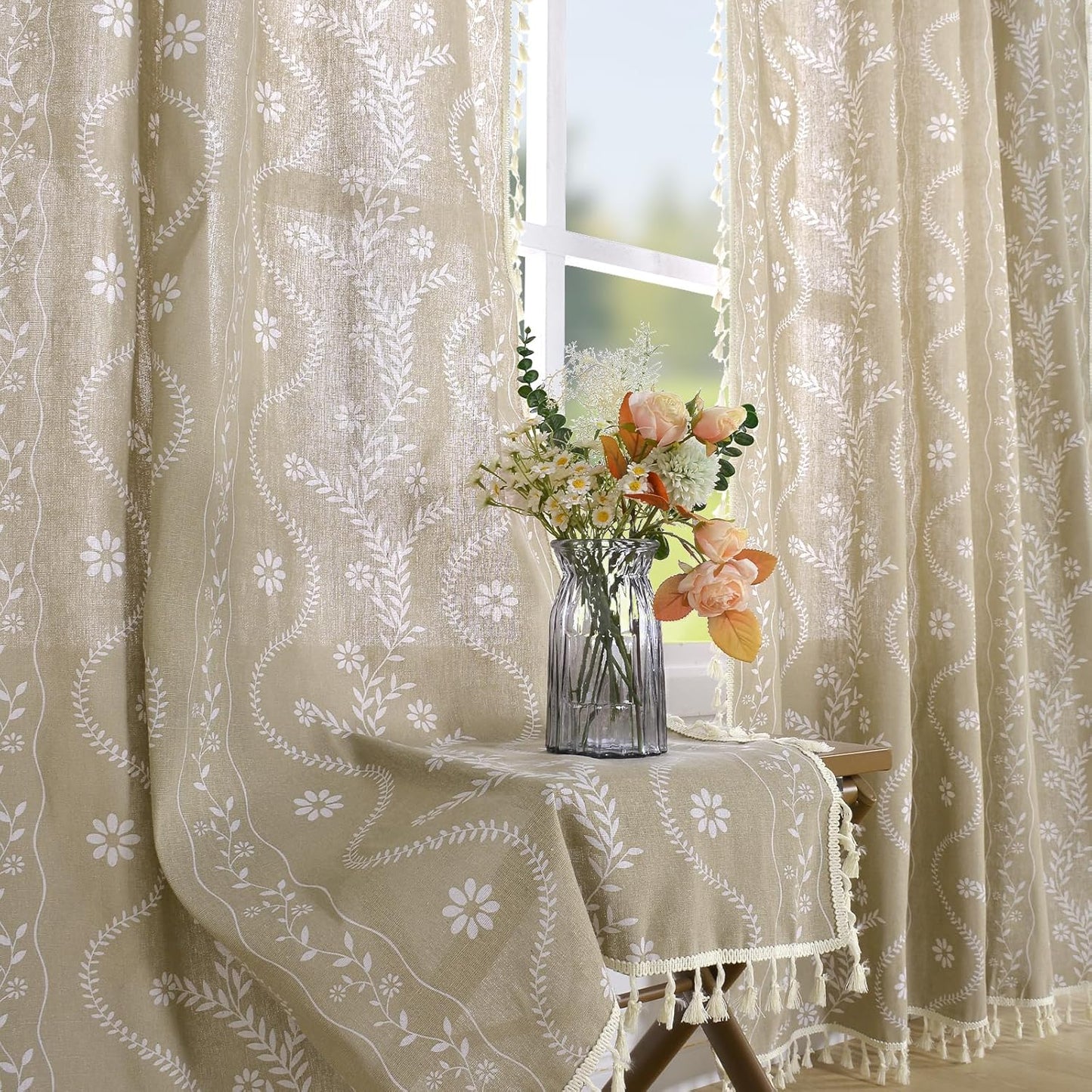 Boho Curtains 2 Panel for Living Room 84 Inches Long Linen Floral