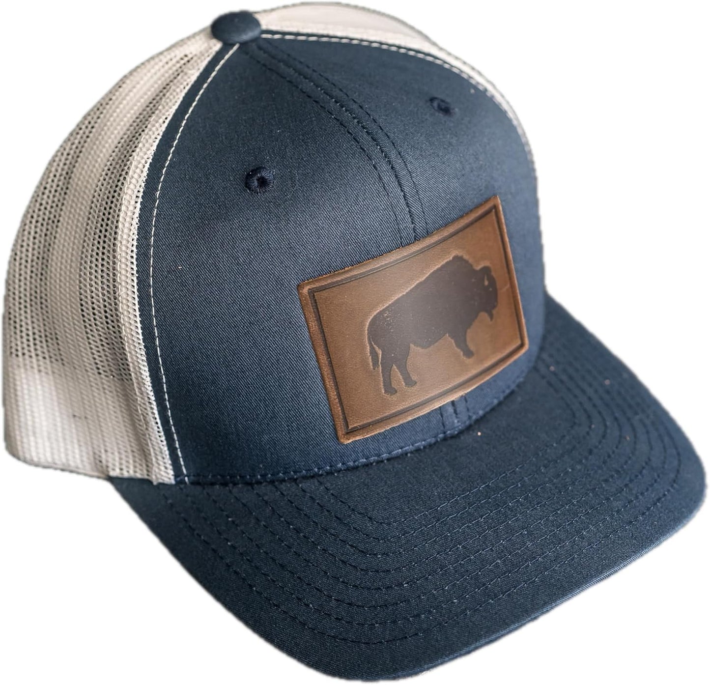 Bison Stamp Leather Patch Trucker Hat - Adjustable Snapback