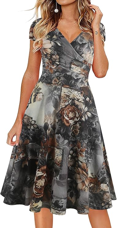 Oxiuly Women's Casual Dresses Criss-Cross V-Neck Floral Flare